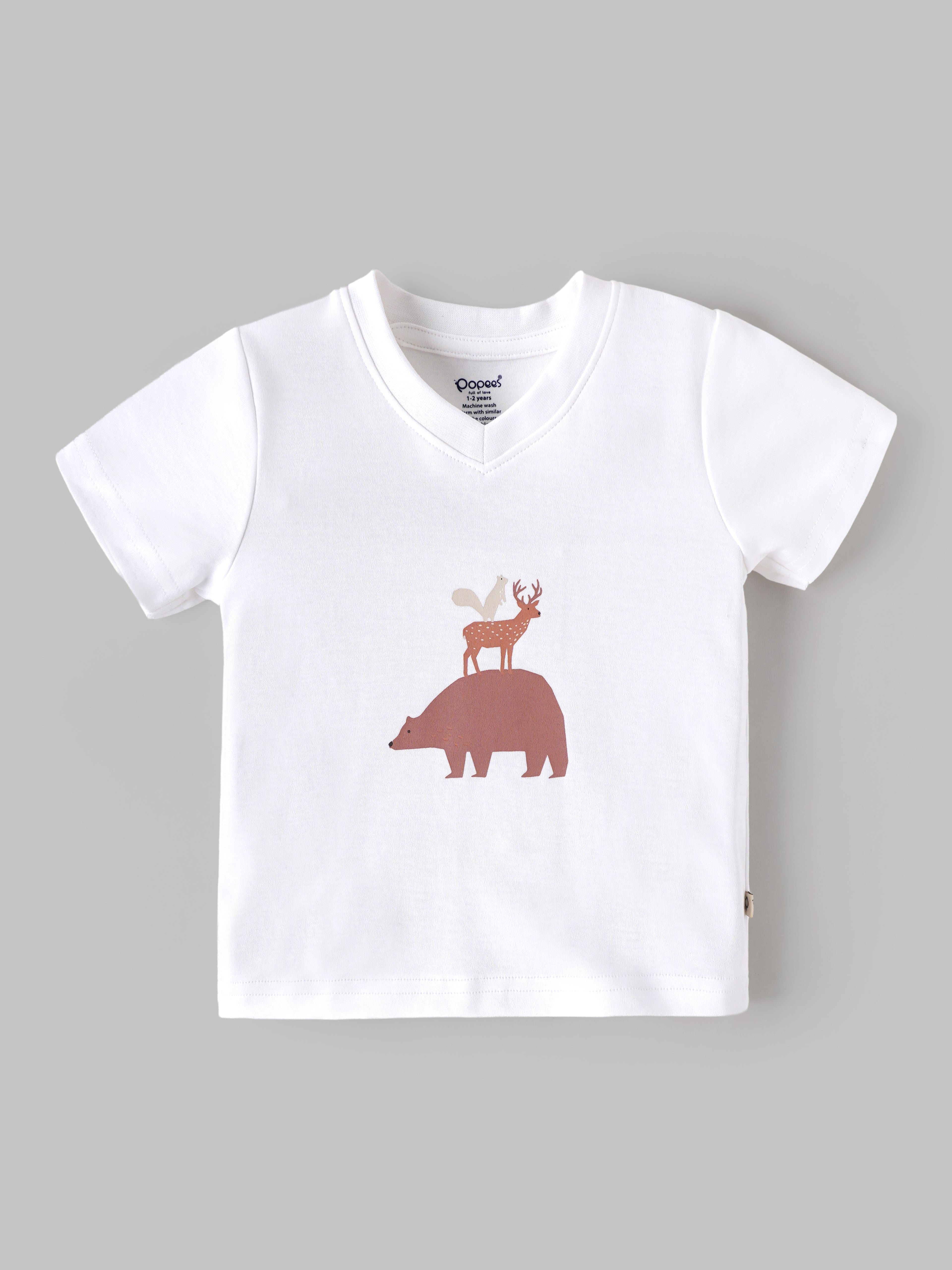 Popees Baby Boys Soft & Stylish Short Sleeve Printed T-Shirt | Cute Forest Animal Print V-Neck Top | White| 9 Months–4 Years