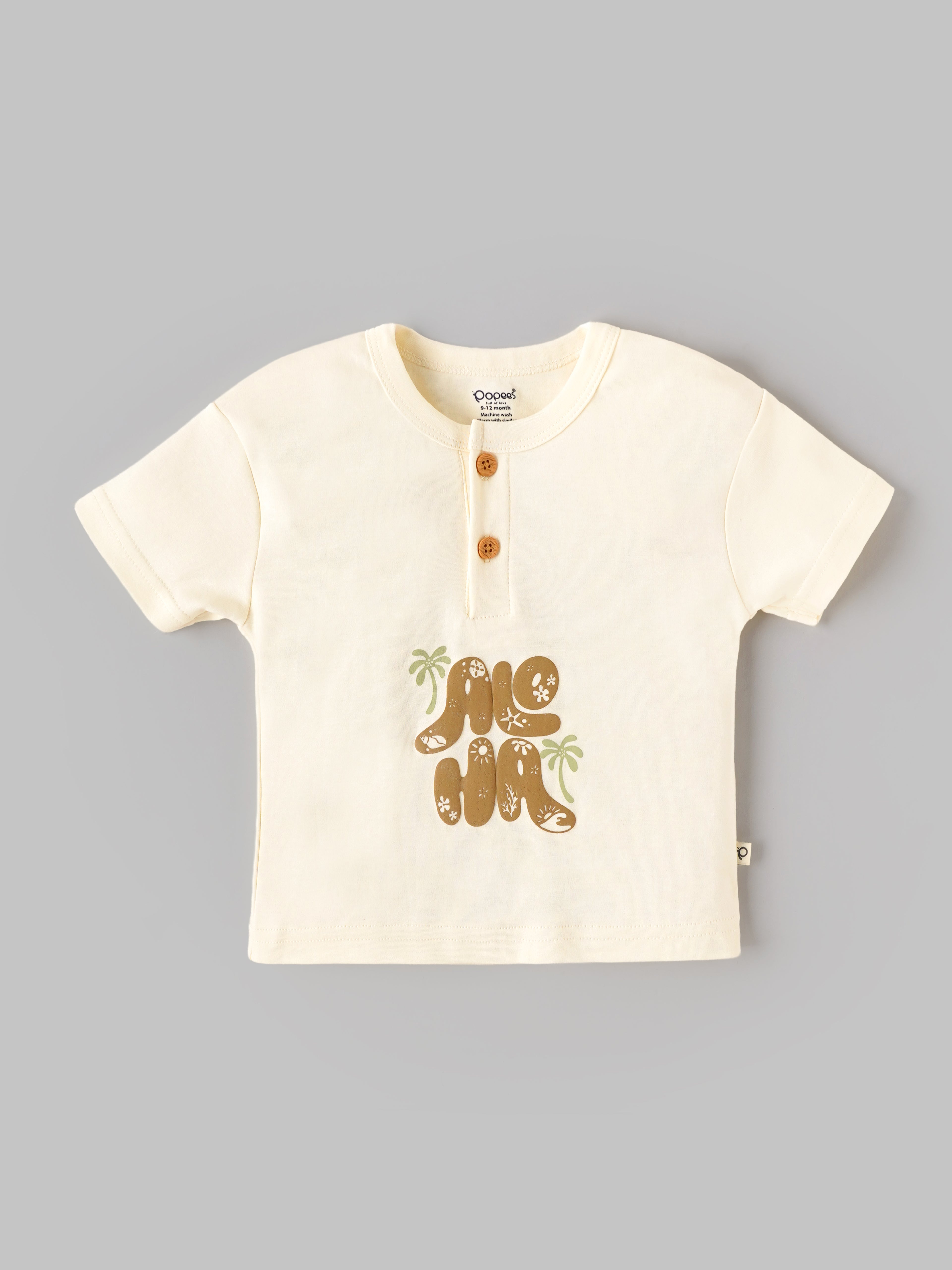 Popees Baby Boys Aloha Print Half Sleeve T-Shirt | Soft Cotton Graphic Tee | Cream | 9 M-4 Years