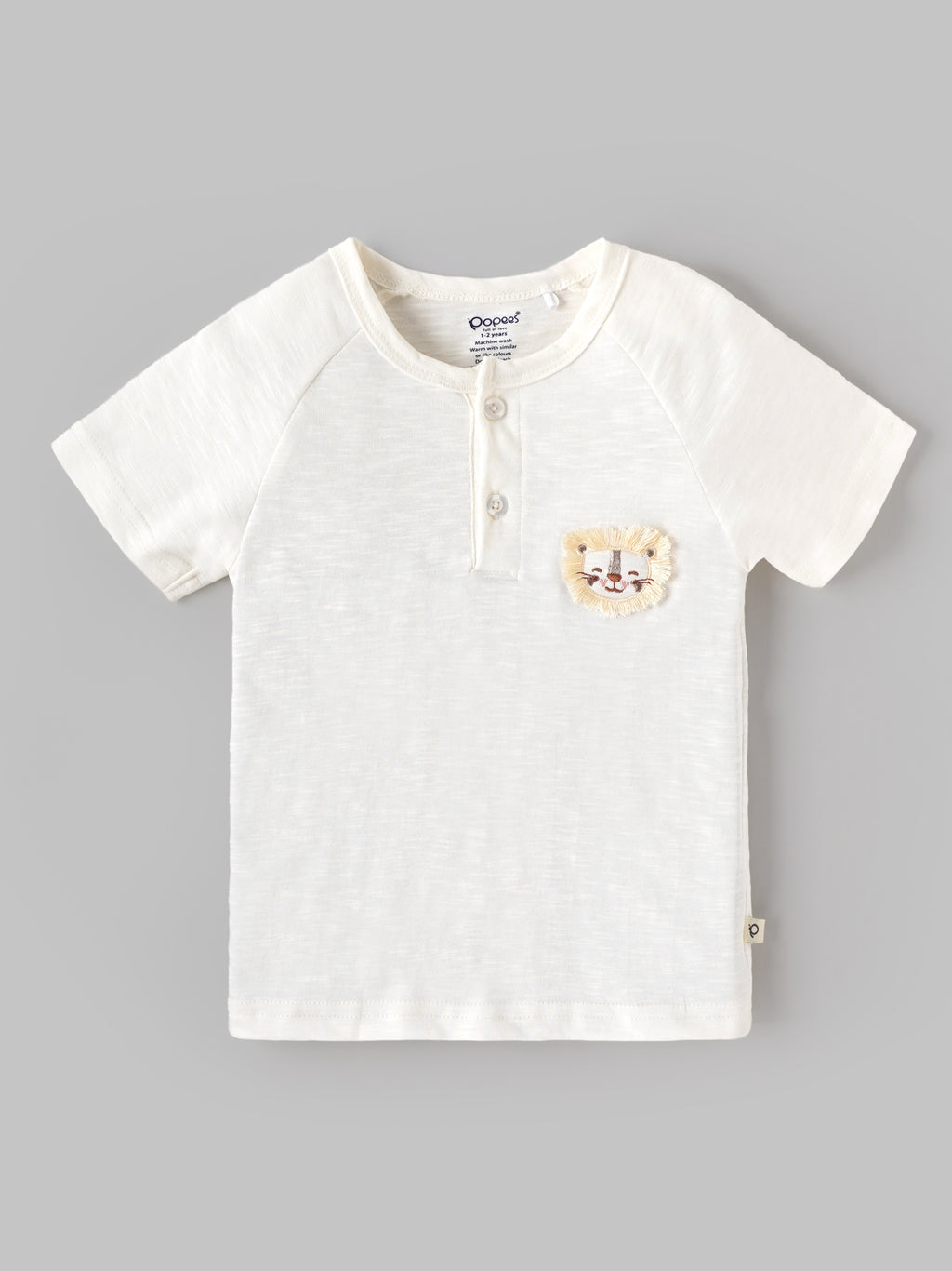 Popees Baby Boys Half Sleeve T-Shirt | Soft Cotton Blend Tee with Lion Embroidered Patch | White | 9 Months–4 Years