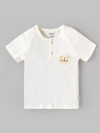 Popees Baby Boys Half Sleeve T-Shirt | Soft Cotton Blend Tee with Lion Embroidered Patch | White | 9 Months–4 Years