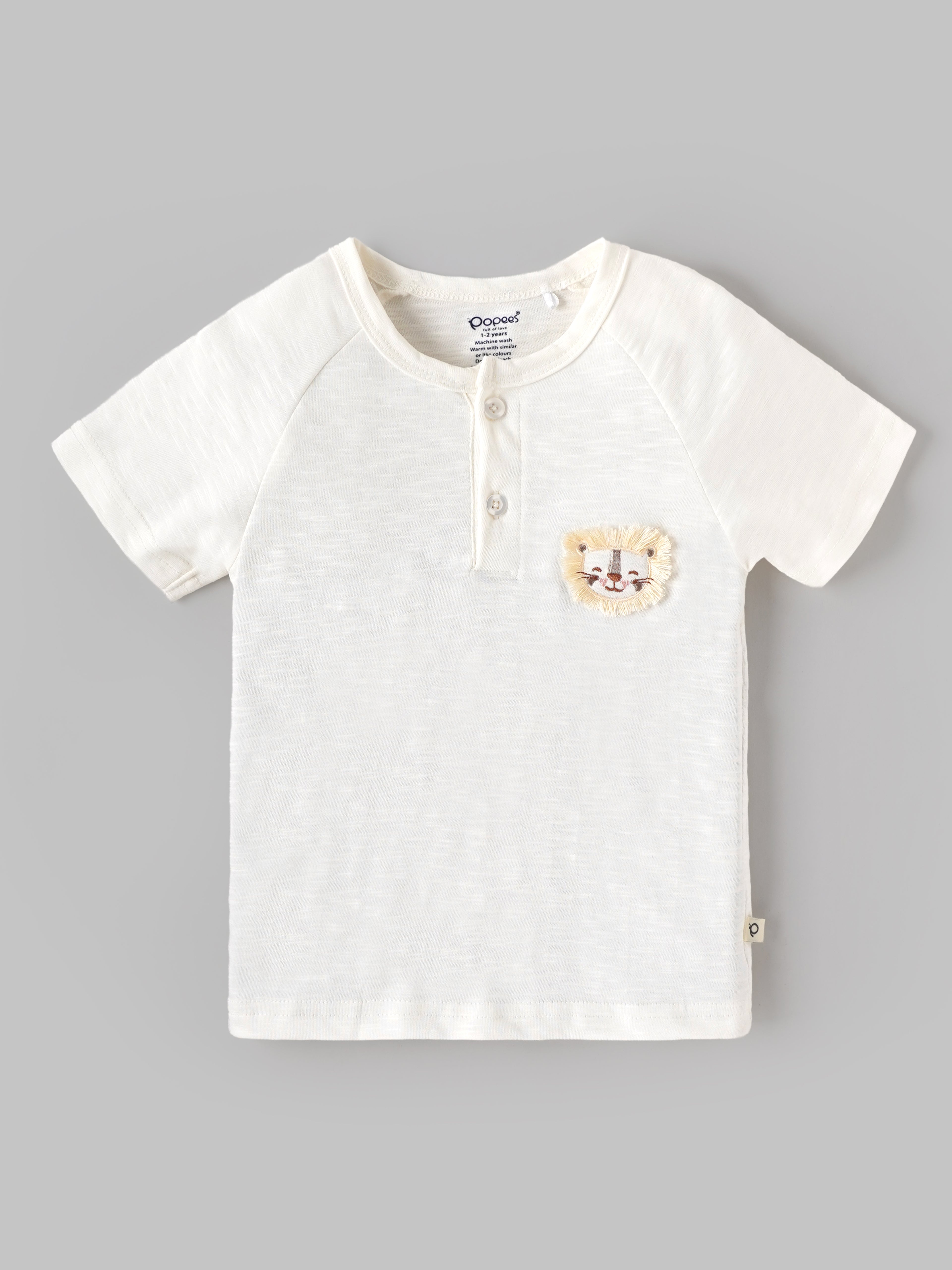 Popees Baby Boys Half Sleeve T-Shirt | Soft Cotton Blend Tee with Lion Embroidered Patch | White | 9 Months–4 Years