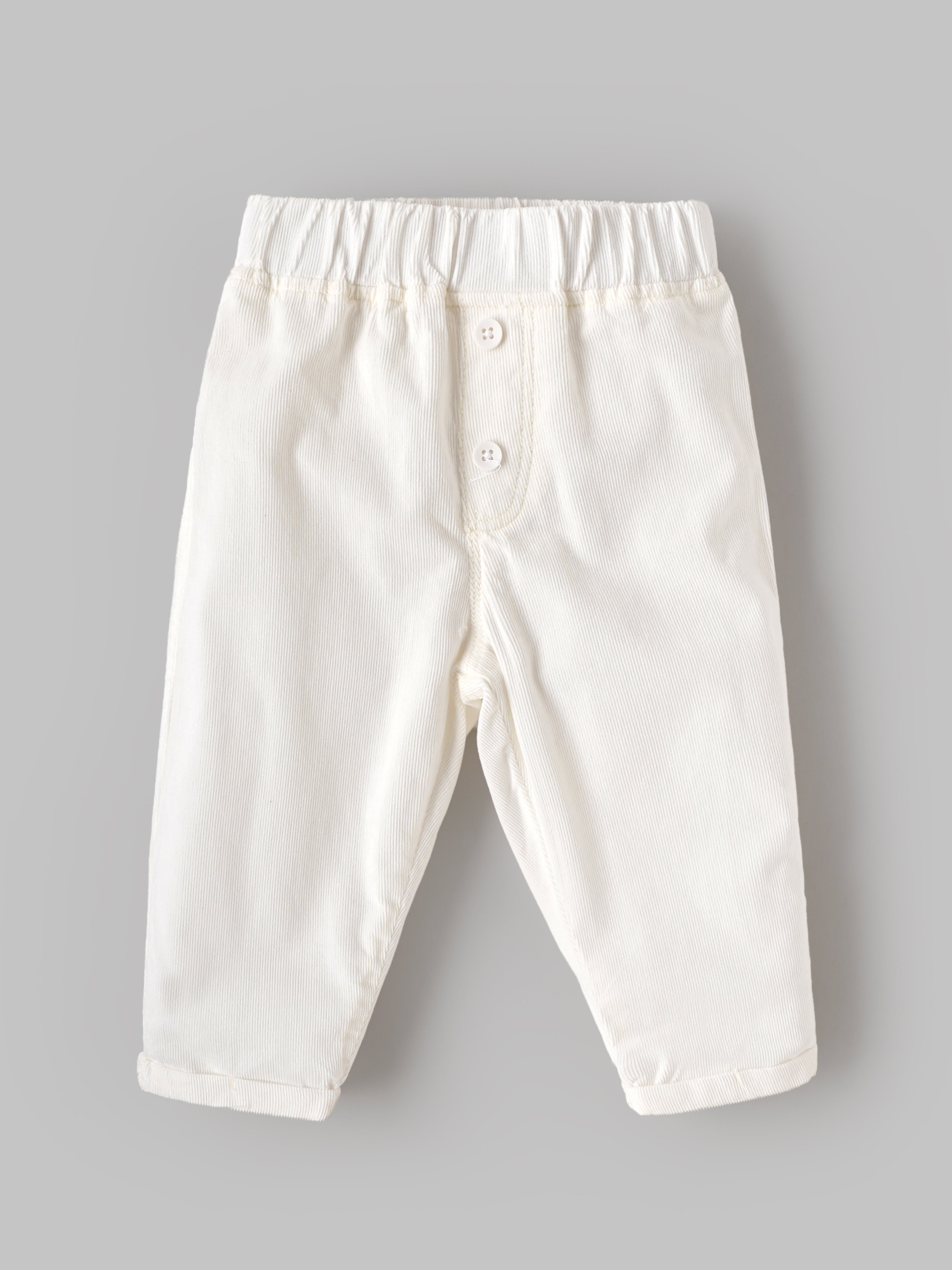 Popees Baby Boys Cotton Full Length Pants | Soft Elastic Waist Ribbed Pants | White | 9 Months–4 Years