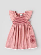 Popees Baby Girls Stylish Smocked Floral Dress | Cute Flutter Sleeve Dress with Embroidered Flower Detail & Lace Hem | 9 Months -4Years