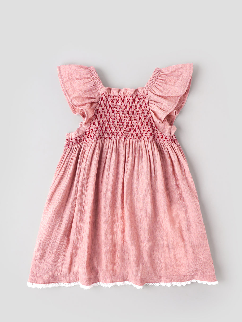 Popees Baby Girls Stylish Smocked Floral Dress | Cute Flutter Sleeve Dress with Embroidered Flower Detail & Lace Hem | 9 Months -4Years