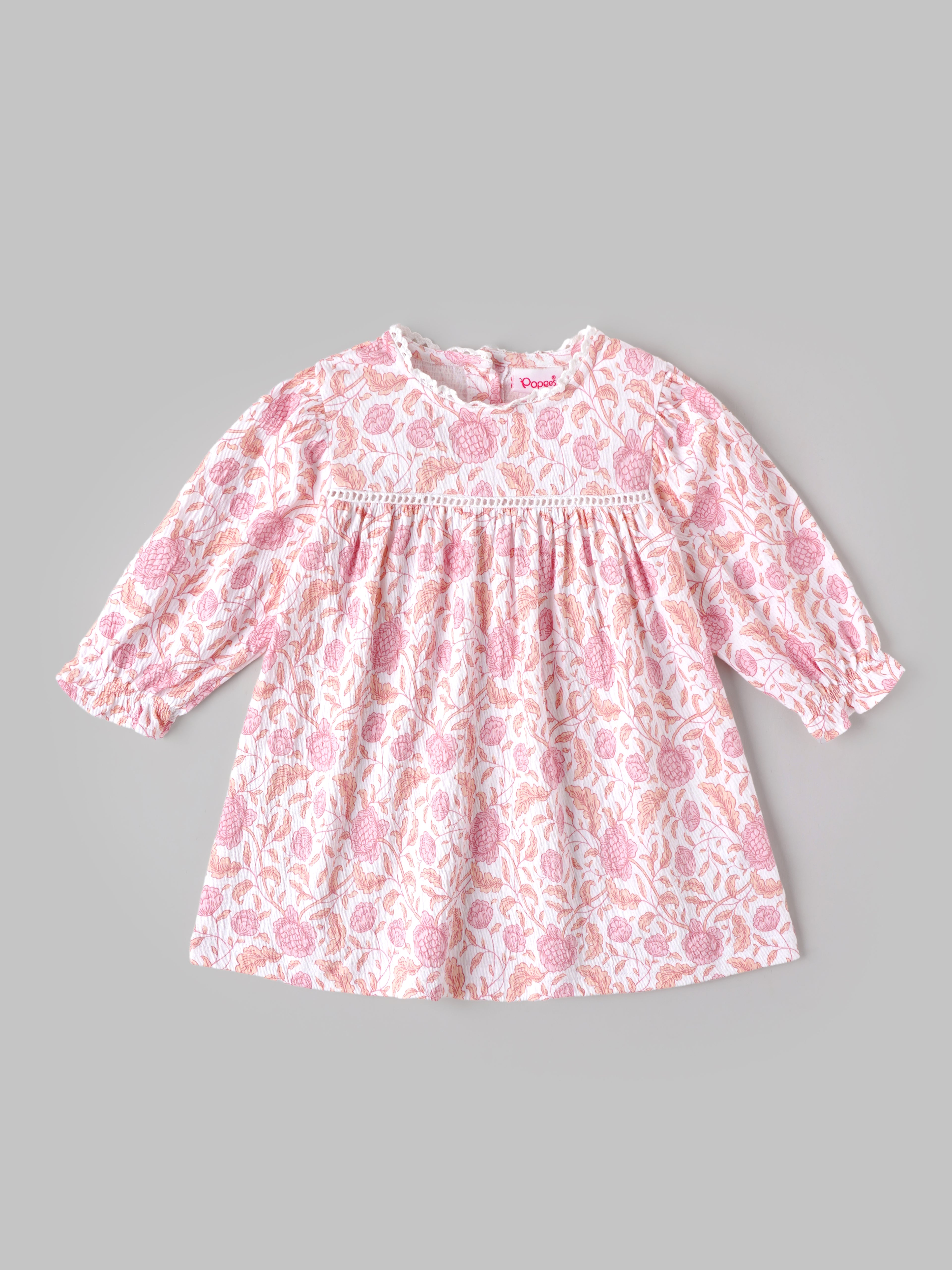 Popees Baby Girls Floral Print Dress with Long Puff Sleeves| 9 Months - 4Years|