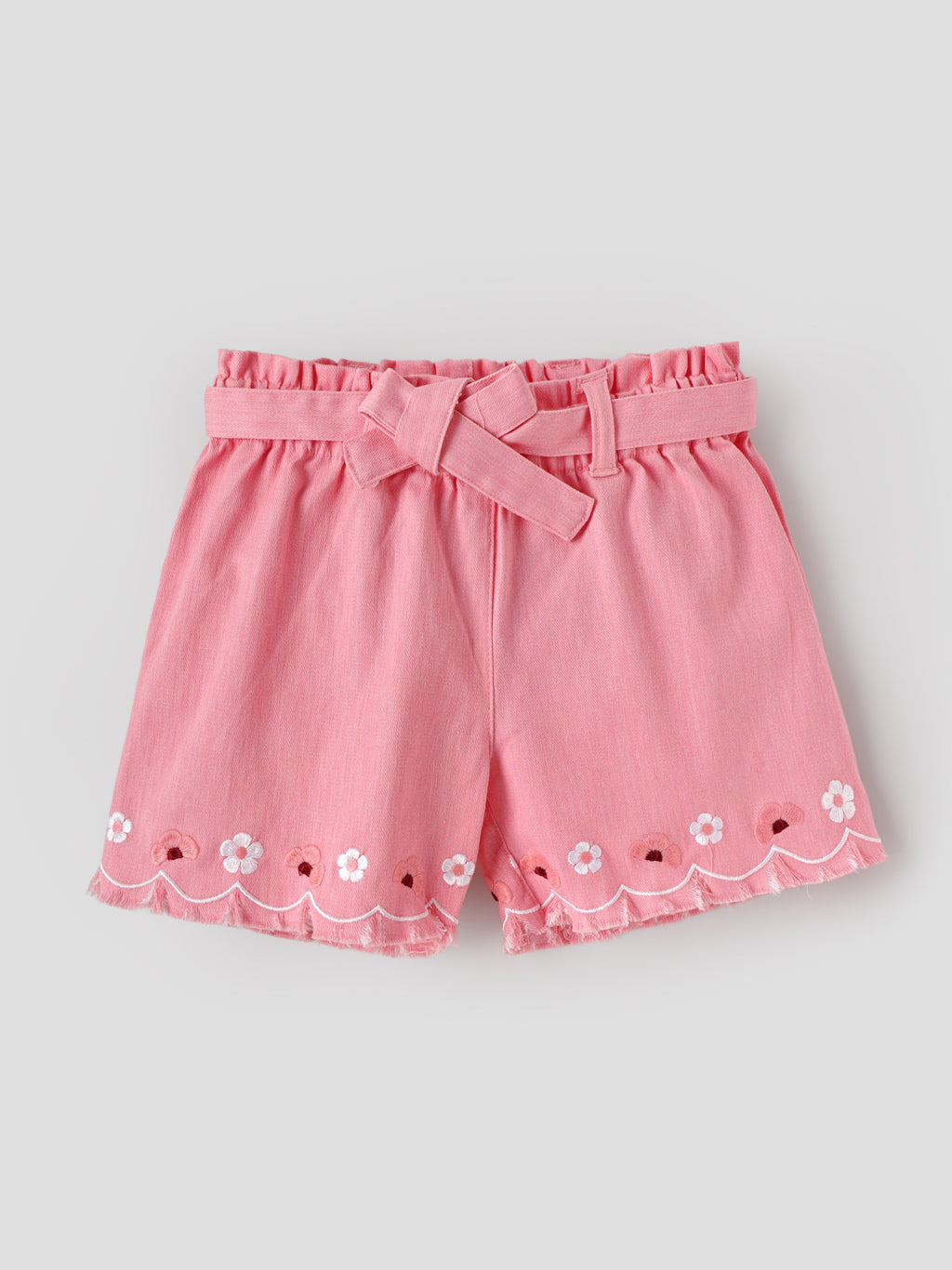 Popees Baby Girls Soft & Stylish Embroidered Shorts | Pink Cotton Shorts with Floral Embroidery, Bow Belt & Frayed Hem| 1 Years -7 Years