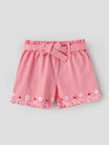 Popees Baby Girls Soft & Stylish Embroidered Shorts | Pink Cotton Shorts with Floral Embroidery, Bow Belt & Frayed Hem| 1 Years -7 Years