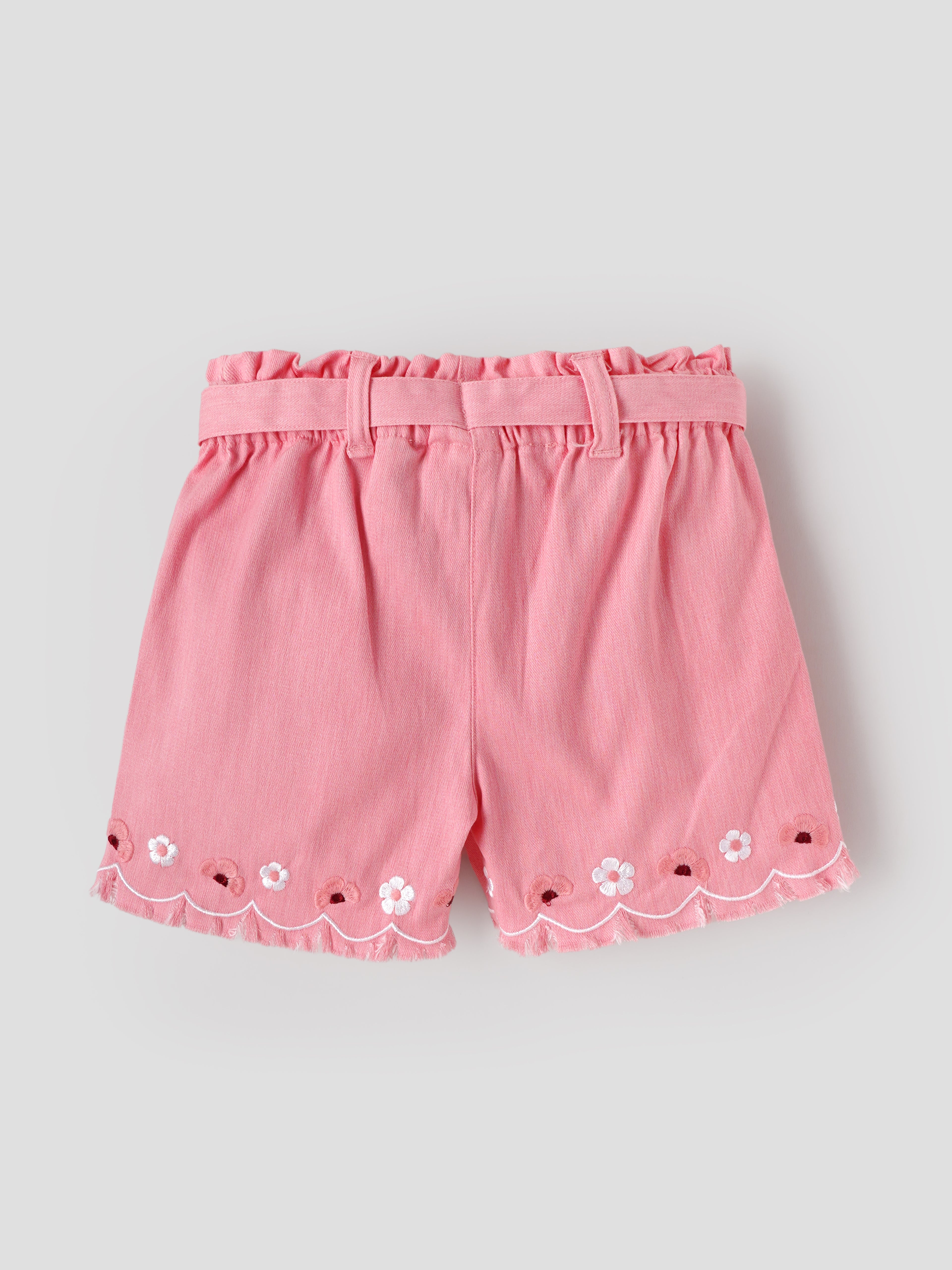 Popees Baby Girls Soft & Stylish Embroidered Shorts | Pink Cotton Shorts with Floral Embroidery, Bow Belt & Frayed Hem| 1 Years -7 Years