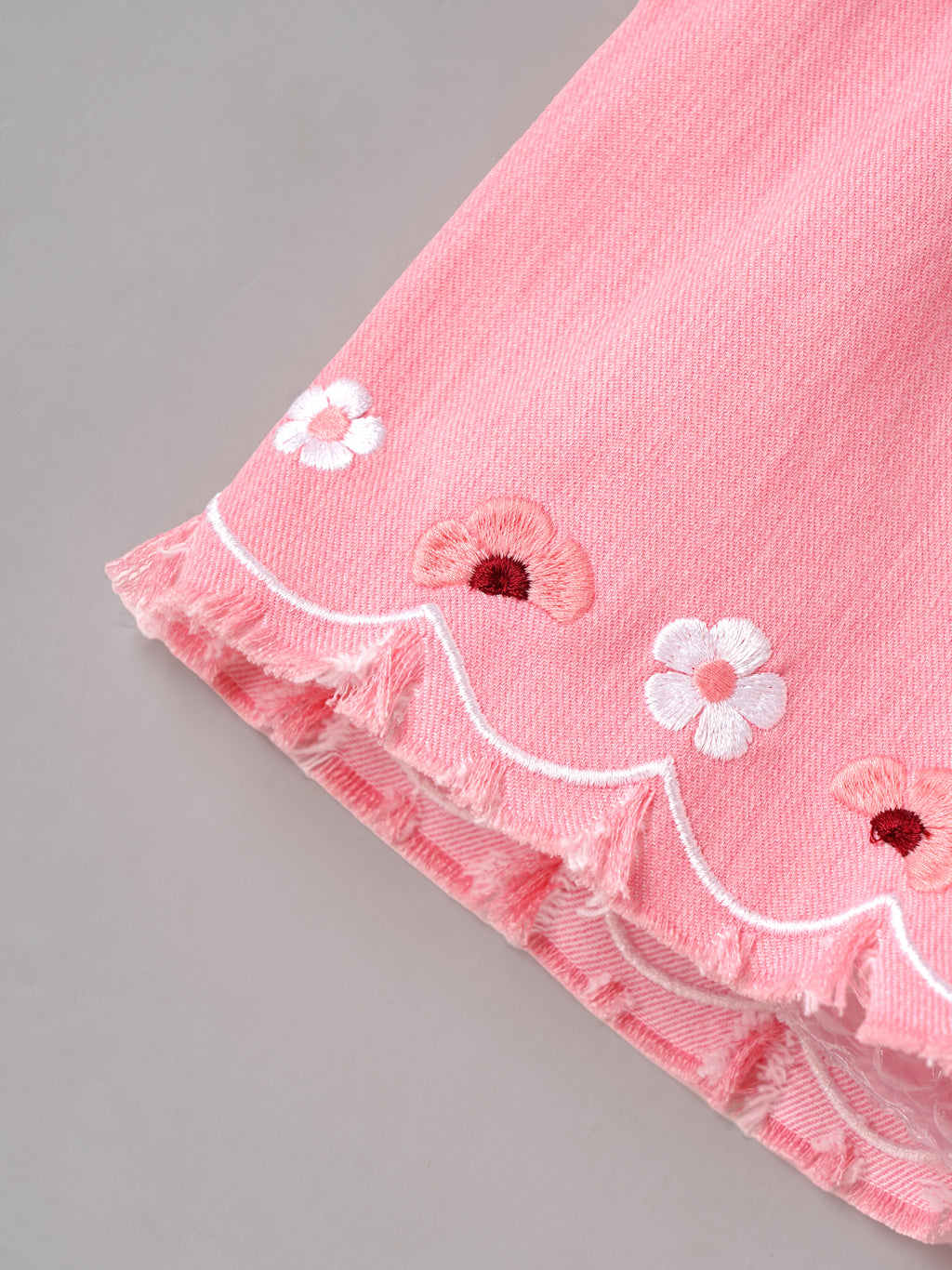 Popees Baby Girls Soft & Stylish Embroidered Shorts | Pink Cotton Shorts with Floral Embroidery, Bow Belt & Frayed Hem| 1 Years -7 Years