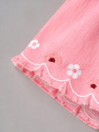 Popees Baby Girls Soft & Stylish Embroidered Shorts | Pink Cotton Shorts with Floral Embroidery, Bow Belt & Frayed Hem| 1 Years -7 Years