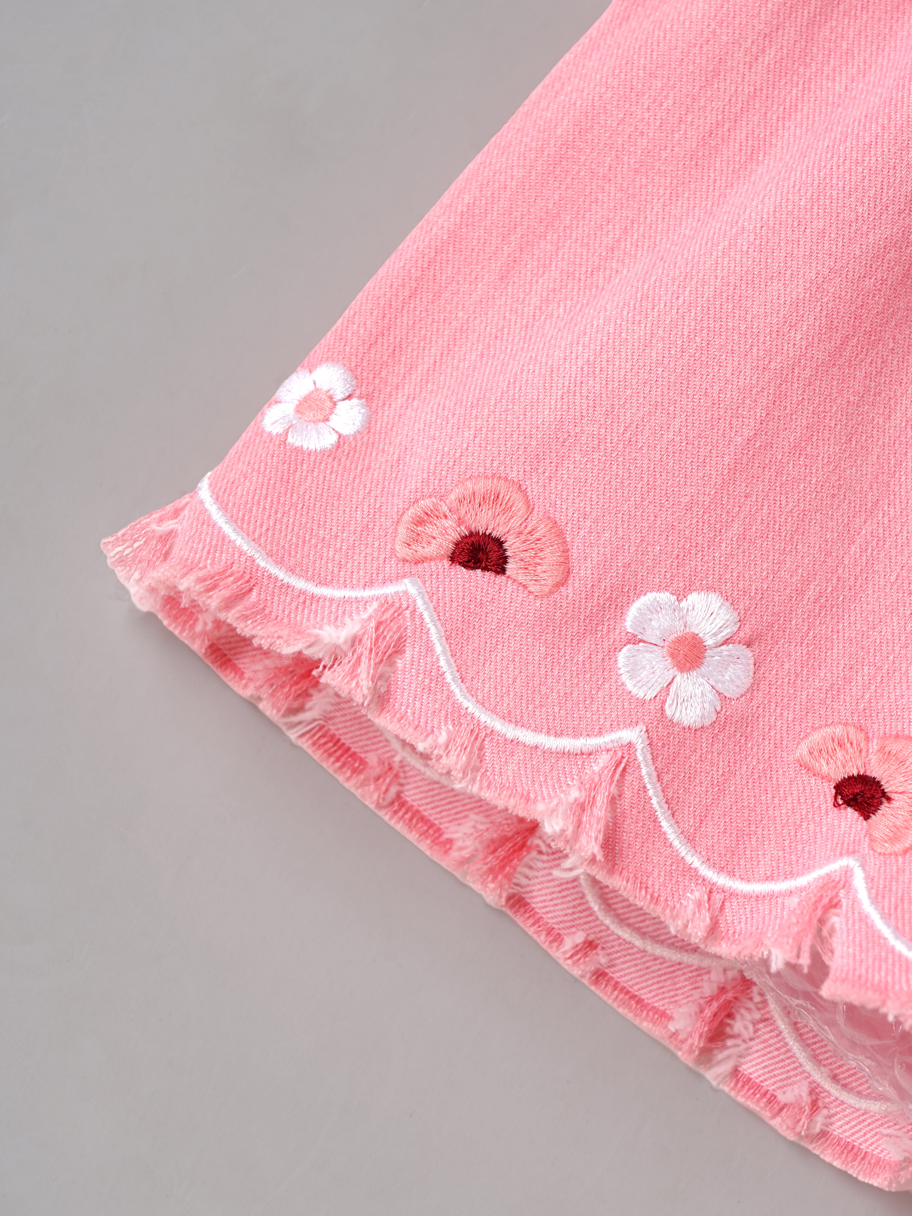 Popees Baby Girls Soft & Stylish Embroidered Shorts | Pink Cotton Shorts with Floral Embroidery, Bow Belt & Frayed Hem| 1 Years -7 Years