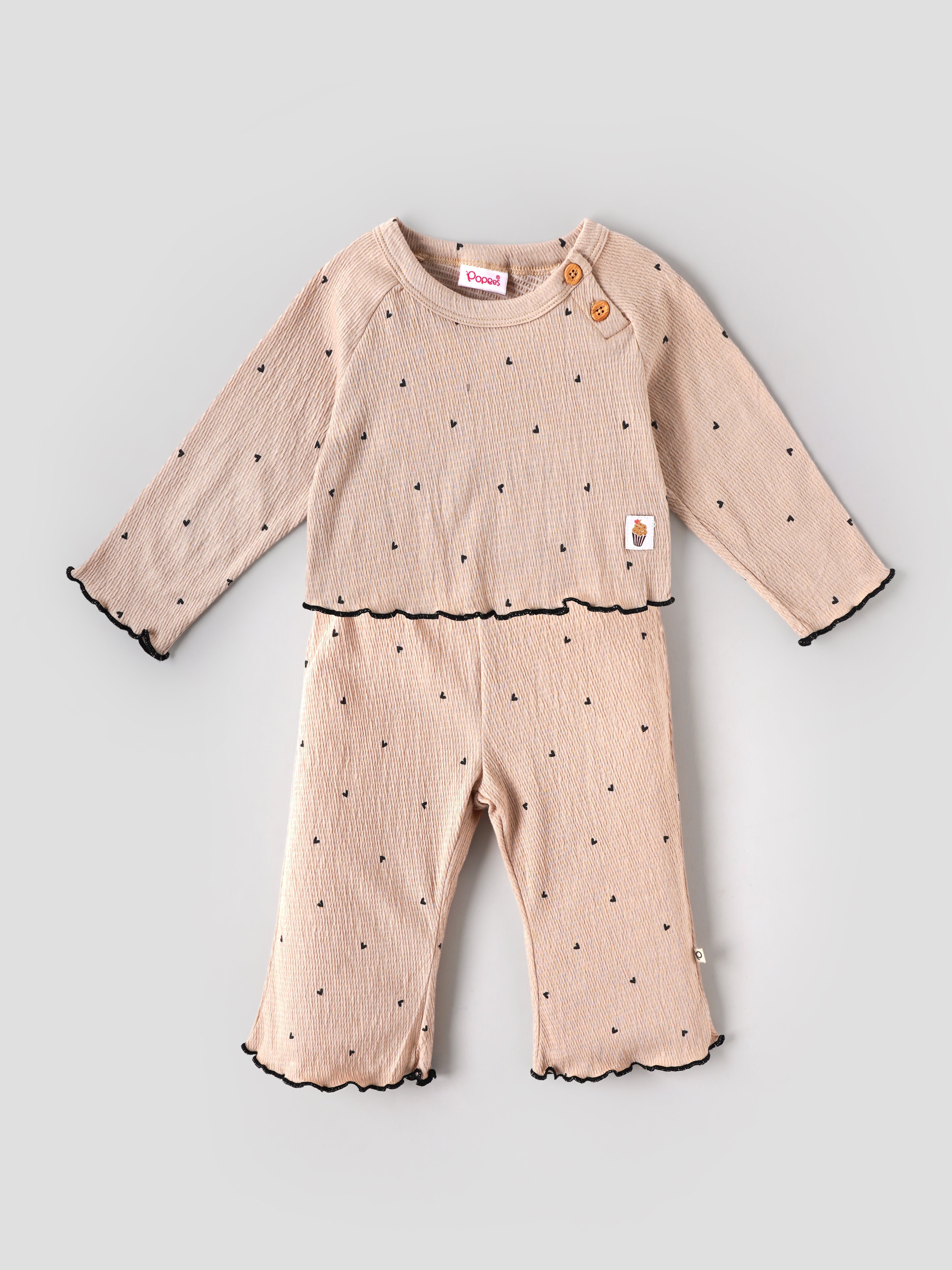 Popees Baby Girls Full Sleeve Ribbed Co-Ord Set | Soft Cotton Printed One-Piece Romper with Shoulder Button Closure | Comfortable Everyday Wear | 9 Months- 4 Years