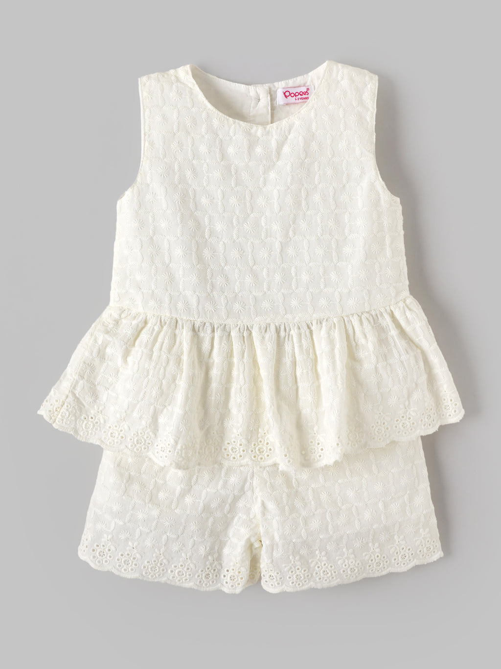 Popees Baby Girls Sleeveless Schiffli Peplum Top with Matching Shorts Co-Ord Set | Soft Cotton Summer Outfit | White |9 Month–4 Years