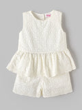 Popees Baby Girls Sleeveless Schiffli Peplum Top with Matching Shorts Co-Ord Set | Soft Cotton Summer Outfit | White |9 Month–4 Years