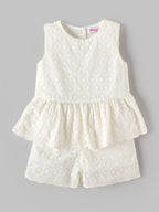 Popees Baby Girls Sleeveless Schiffli Peplum Top with Matching Shorts Co-Ord Set | Soft Cotton Summer Outfit | White |9 Month–4 Years