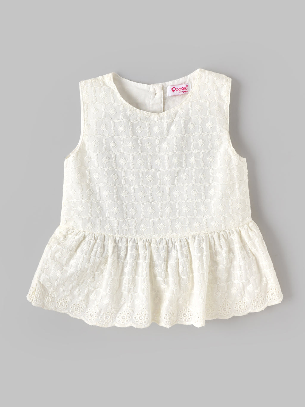 Popees Baby Girls Sleeveless Schiffli Peplum Top with Matching Shorts Co-Ord Set | Soft Cotton Summer Outfit | White |9 Month–4 Years