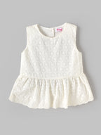 Popees Baby Girls Sleeveless Schiffli Peplum Top with Matching Shorts Co-Ord Set | Soft Cotton Summer Outfit | White |9 Month–4 Years