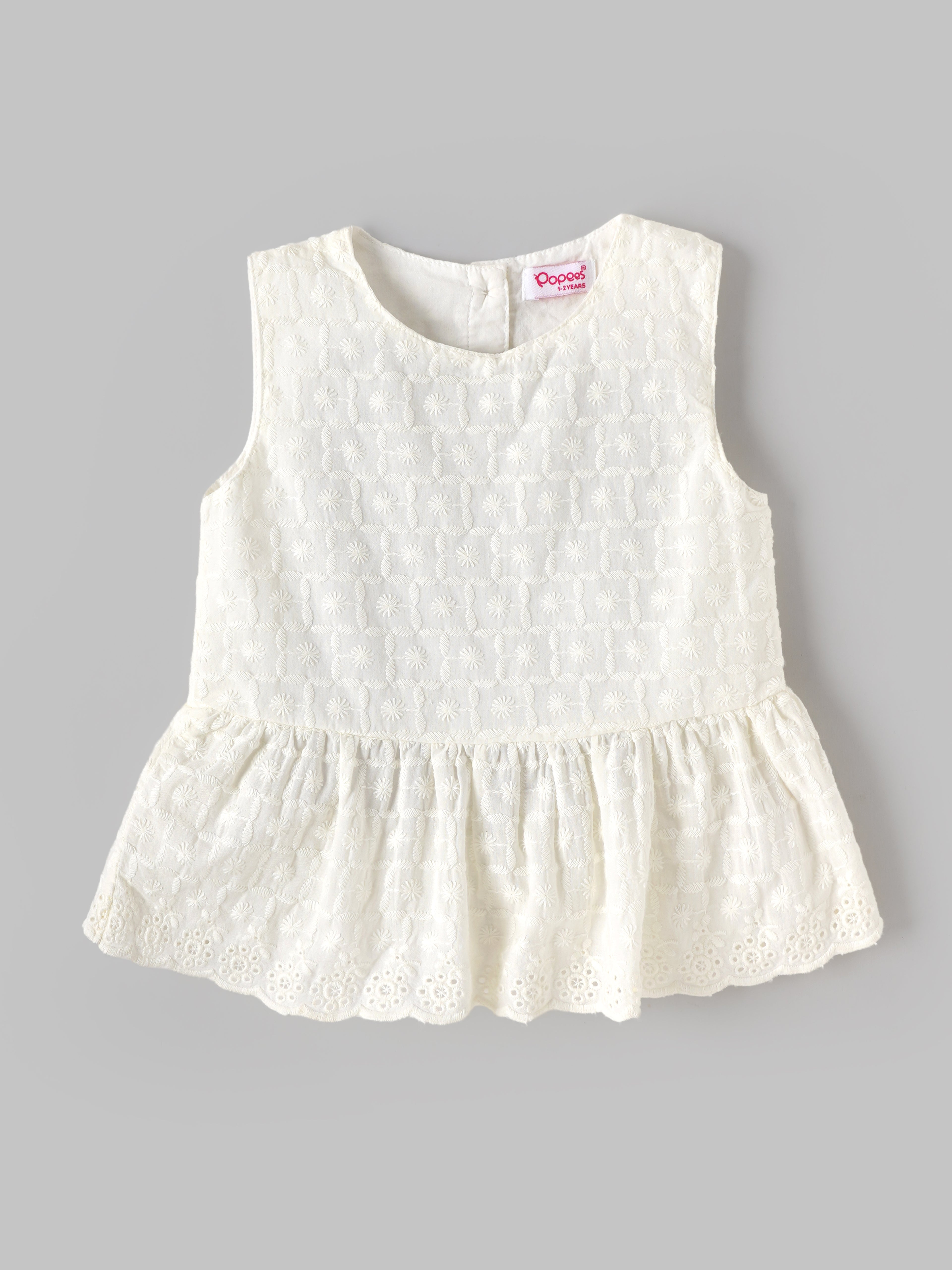 Popees Baby Girls Sleeveless Schiffli Peplum Top with Matching Shorts Co-Ord Set | Soft Cotton Summer Outfit | White |9 Month–4 Years