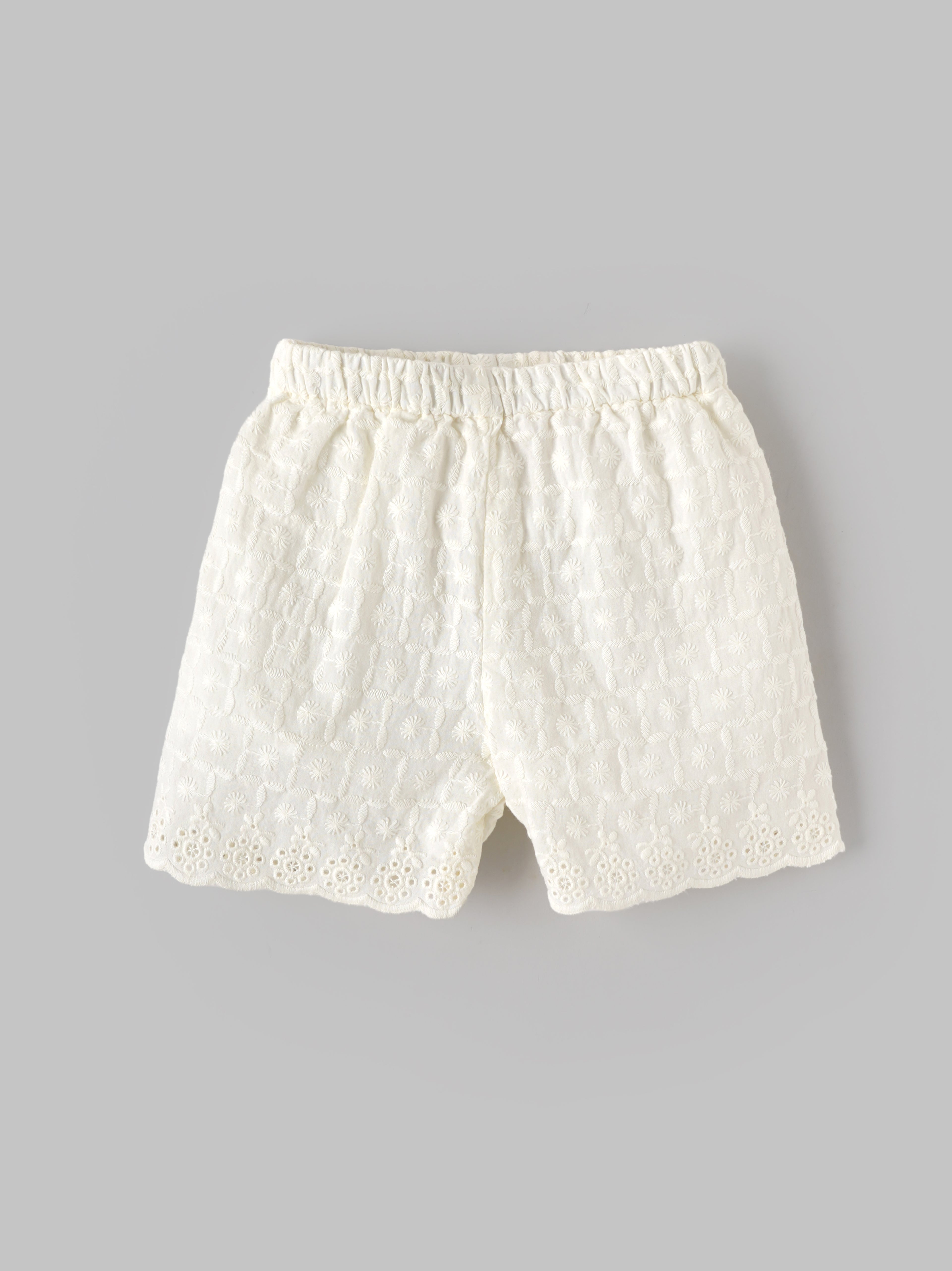 Popees Baby Girls Sleeveless Schiffli Peplum Top with Matching Shorts Co-Ord Set | Soft Cotton Summer Outfit | White |9 Month–4 Years