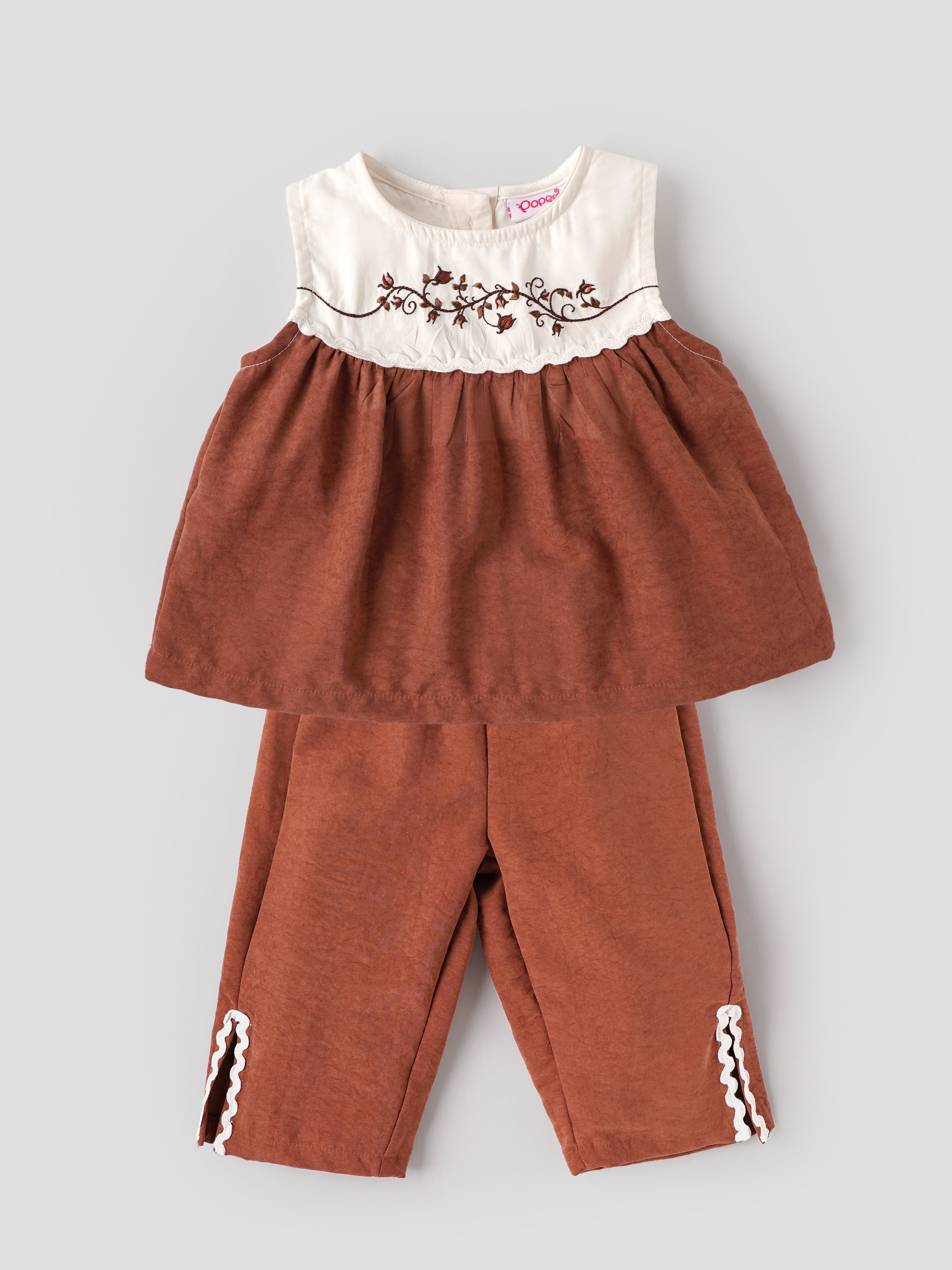 Popees Baby Girls Soft & Stylish Embroidered Top & Pant Set | Floral Embroidery Sleeveless Top with Matching Pants | Comfortable Casual Wear Set |9 Months–4 Years