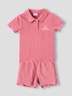 Popees Baby Girls Ribbed Polo T-Shirt & Shorts Co-Ord Set | Soft Cotton 2-Piece Outfit with Snow Dreams Embroidery | 9 Months -4 Years