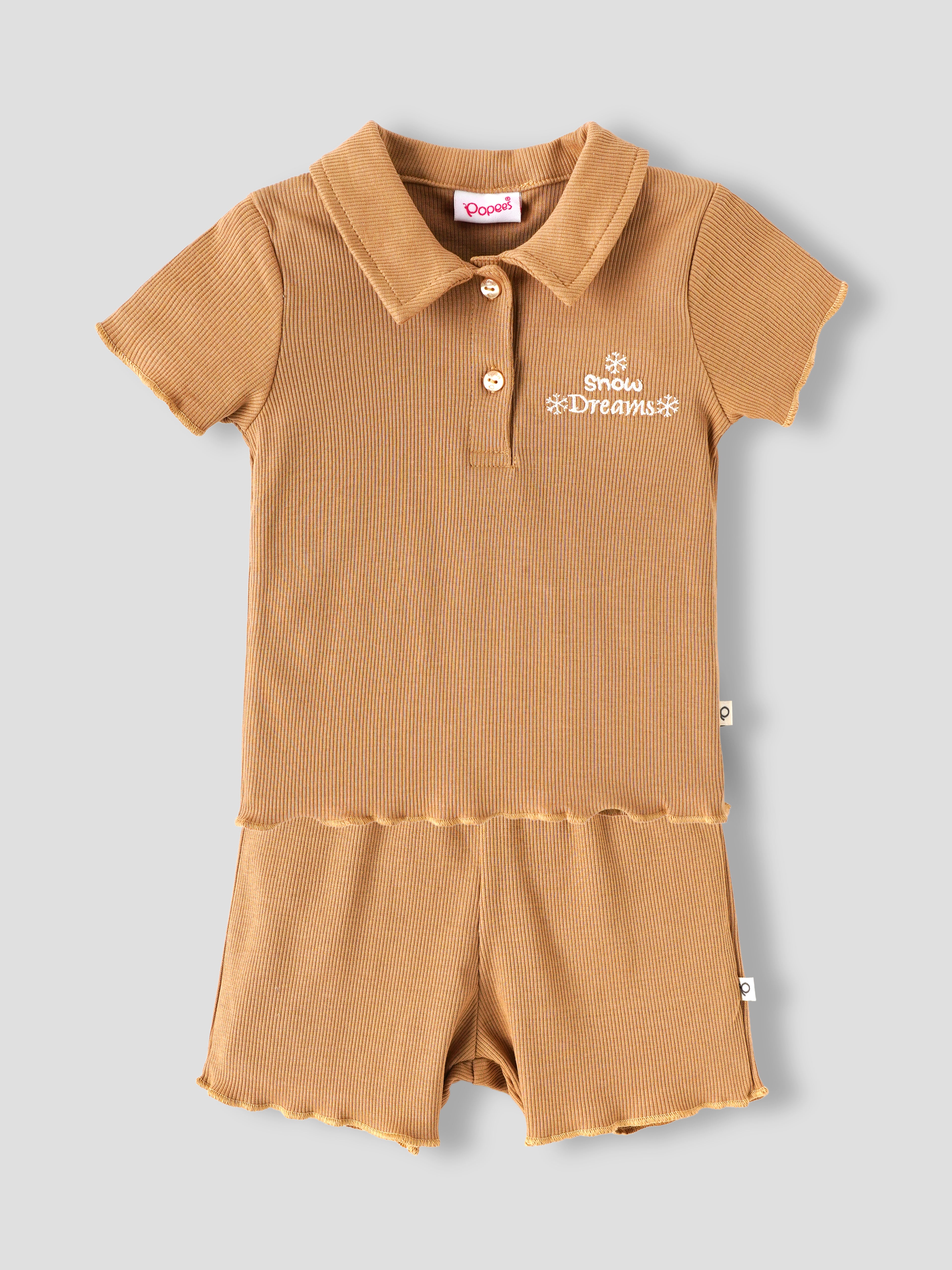 Popees Baby Girls Ribbed Polo T-Shirt & Shorts Co-Ord Set | Soft Cotton 2-Piece Outfit with Snow Dreams Embroidery | Camel Brown |9 Months -4 Years