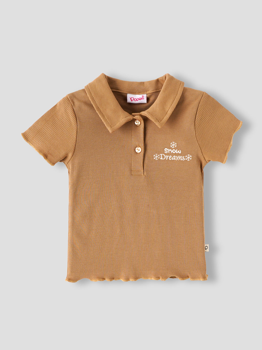 Popees Baby Girls Ribbed Polo T-Shirt & Shorts Co-Ord Set | Soft Cotton 2-Piece Outfit with Snow Dreams Embroidery | Camel Brown |9 Months -4 Years
