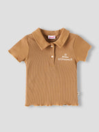 Popees Baby Girls Ribbed Polo T-Shirt & Shorts Co-Ord Set | Soft Cotton 2-Piece Outfit with Snow Dreams Embroidery | Camel Brown |9 Months -4 Years