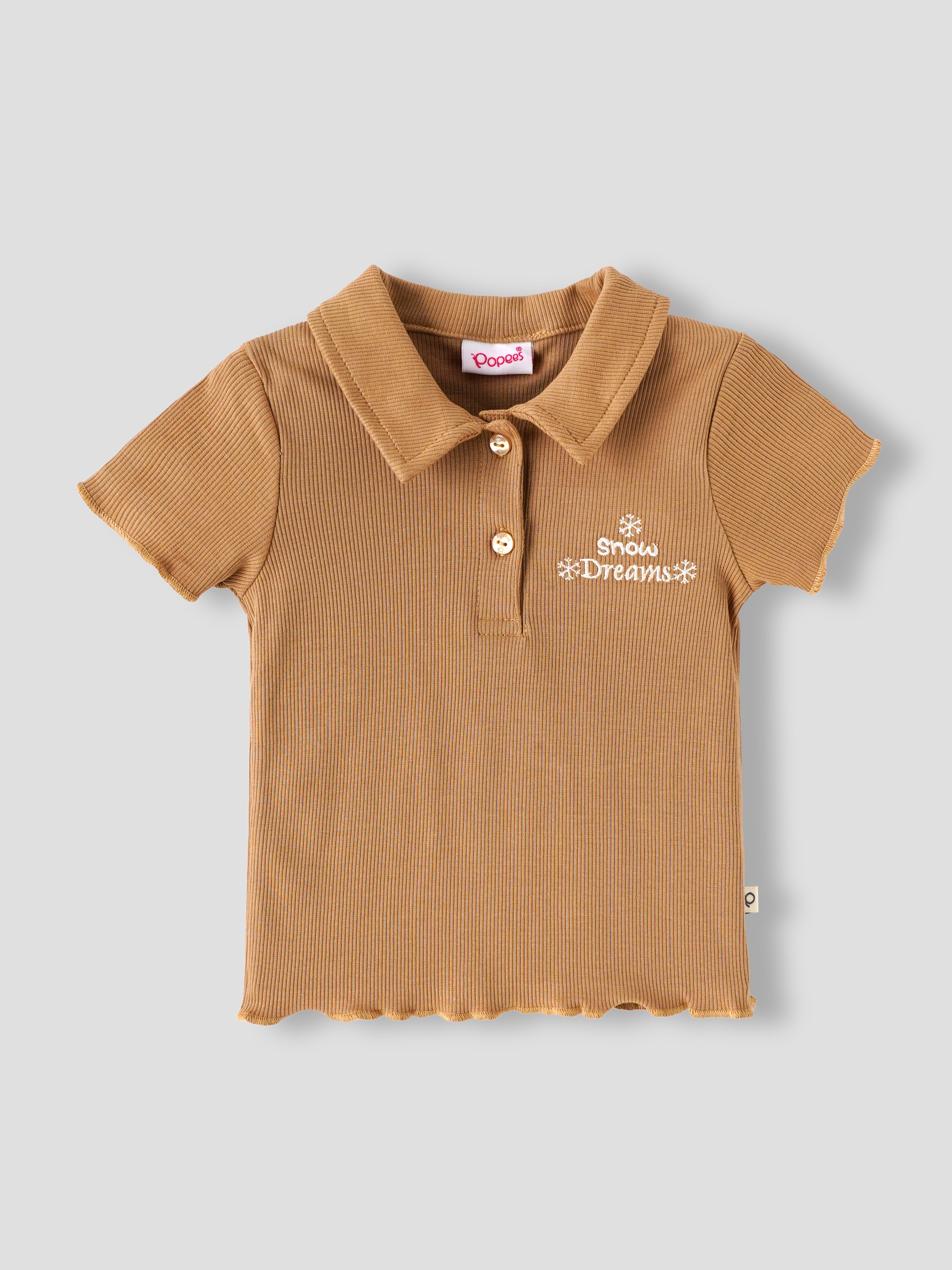 Popees Baby Girls Ribbed Polo T-Shirt & Shorts Co-Ord Set | Soft Cotton 2-Piece Outfit with Snow Dreams Embroidery | Camel Brown |9 Months -4 Years