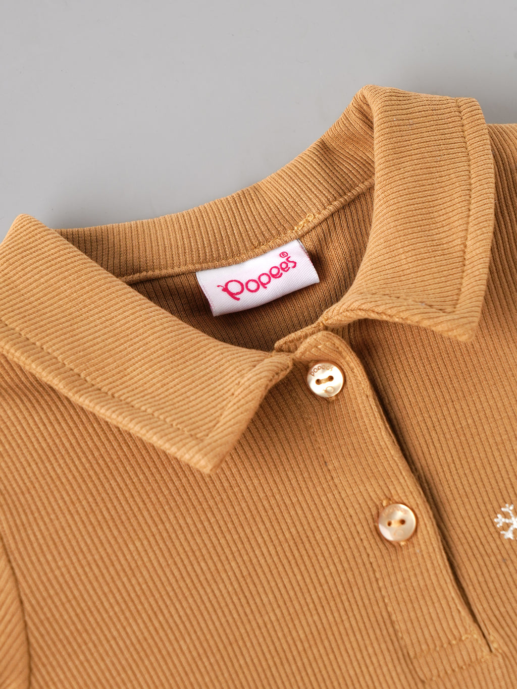 Popees Baby Girls Ribbed Polo T-Shirt & Shorts Co-Ord Set | Soft Cotton 2-Piece Outfit with Snow Dreams Embroidery | Camel Brown |9 Months -4 Years