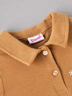 Popees Baby Girls Ribbed Polo T-Shirt & Shorts Co-Ord Set | Soft Cotton 2-Piece Outfit with Snow Dreams Embroidery | Camel Brown |9 Months -4 Years