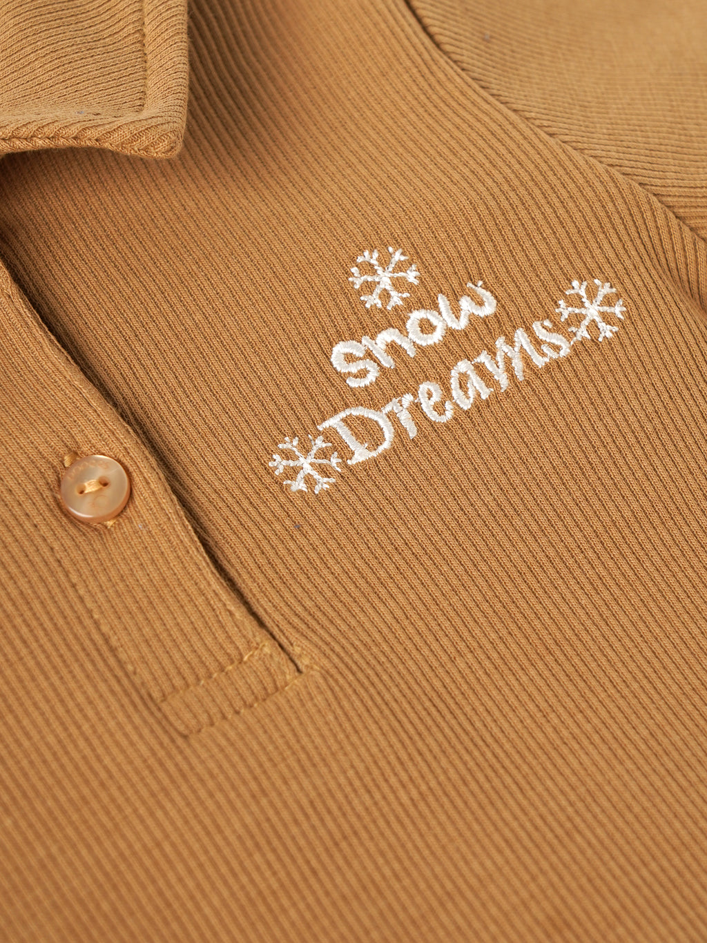 Popees Baby Girls Ribbed Polo T-Shirt & Shorts Co-Ord Set | Soft Cotton 2-Piece Outfit with Snow Dreams Embroidery | Camel Brown |9 Months -4 Years