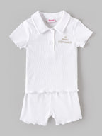 Popees Baby Girls Soft Ribbed Cotton Polo T-Shirt & Shorts Co-Ord Set with Embroidered Detail | 9 Months 4 Years