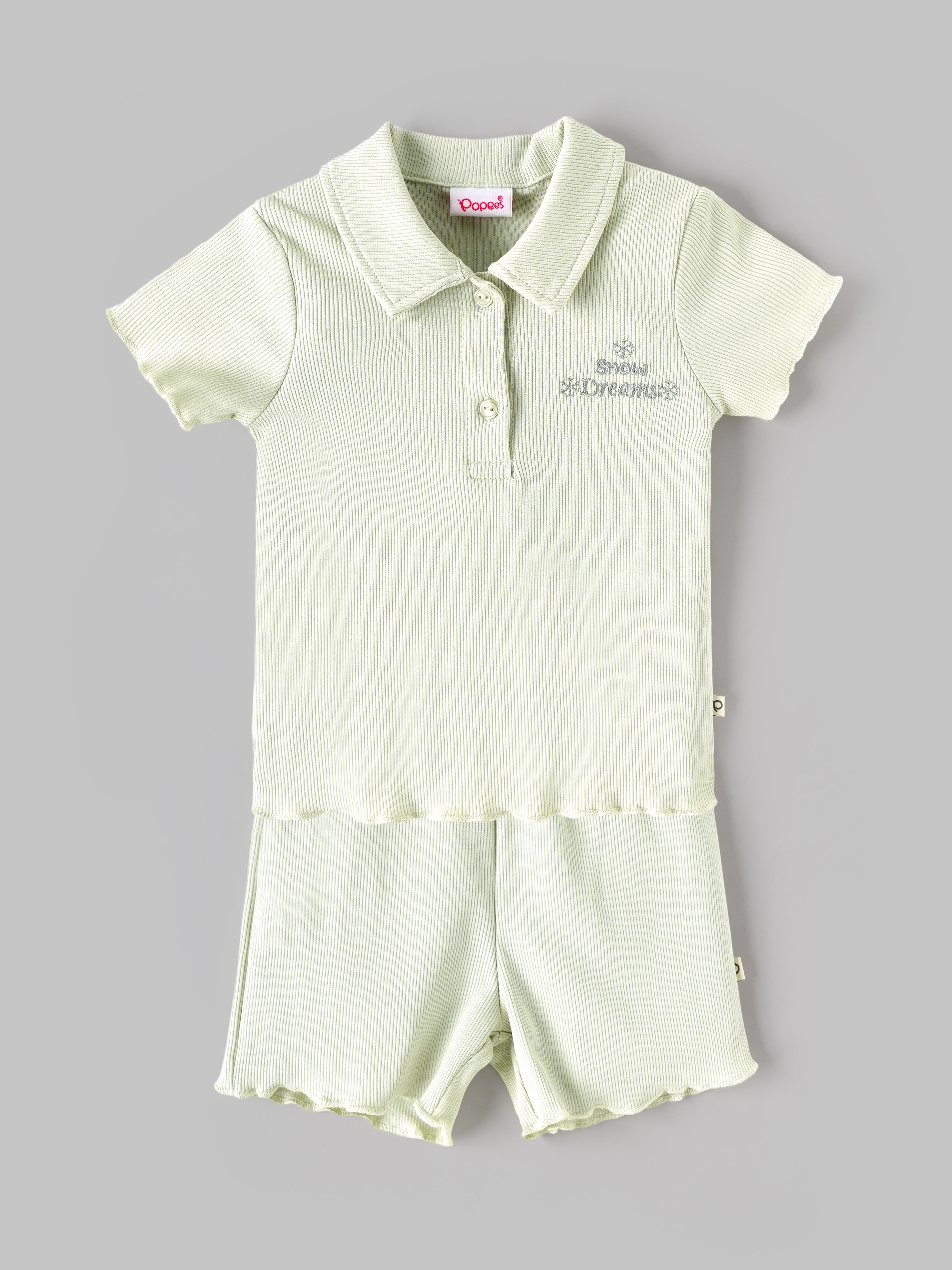 Popees Baby Girls Ribbed Polo T-Shirt & Shorts Co-Ord Set | Soft Cotton Summer Outfit| 9 Months -4 Years