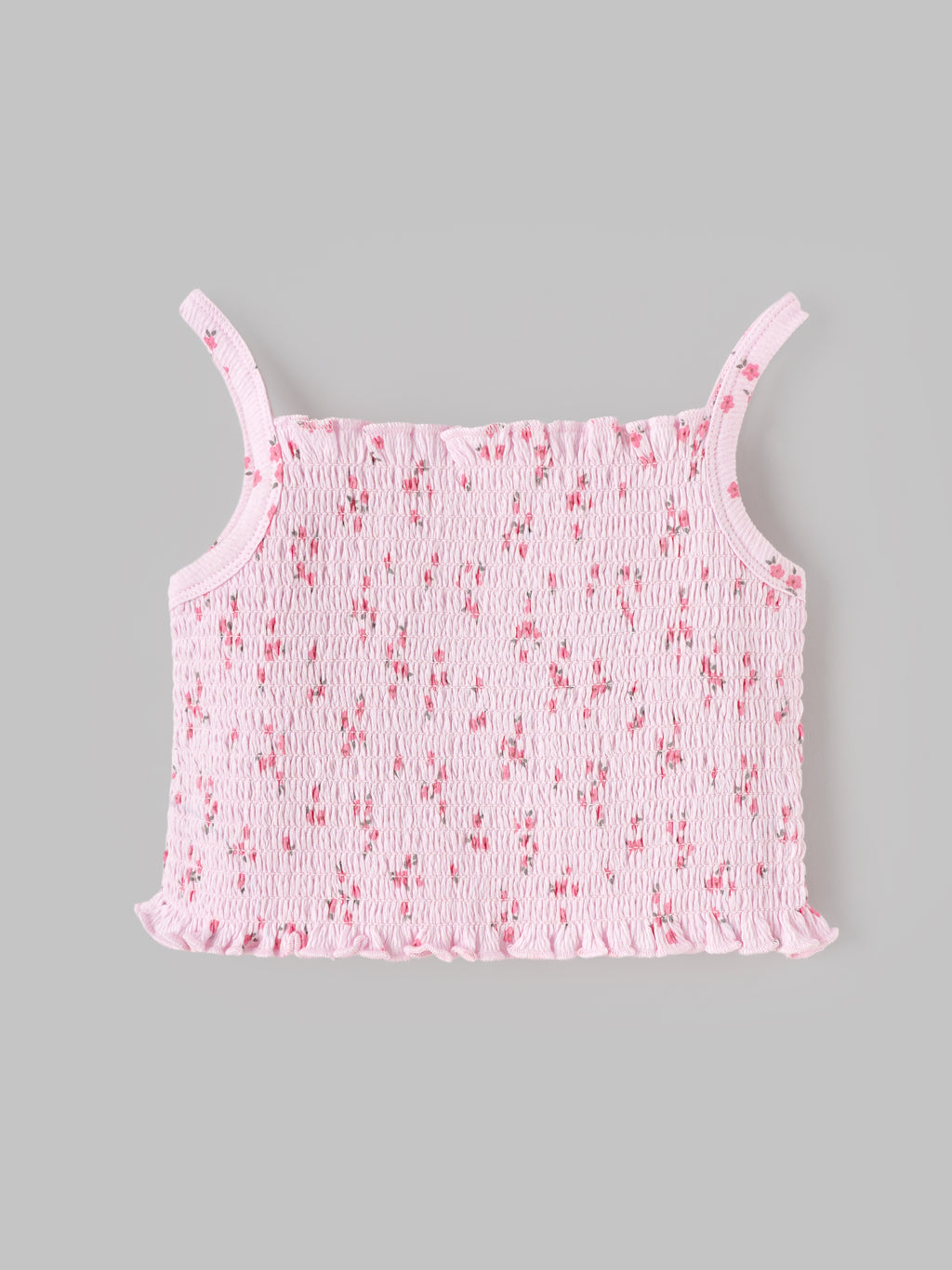 Popees Baby Girls Cute & Stylish Smocked Floral Top | Sleeveless Spaghetti Strap Top with Ruffle Hem & All-Over Floral Print | Pink | Comfortable Casual Wear | 9 Months–4 Years