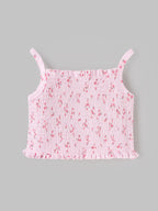 Popees Baby Girls Cute & Stylish Smocked Floral Top | Sleeveless Spaghetti Strap Top with Ruffle Hem & All-Over Floral Print | Pink | Comfortable Casual Wear | 9 Months–4 Years