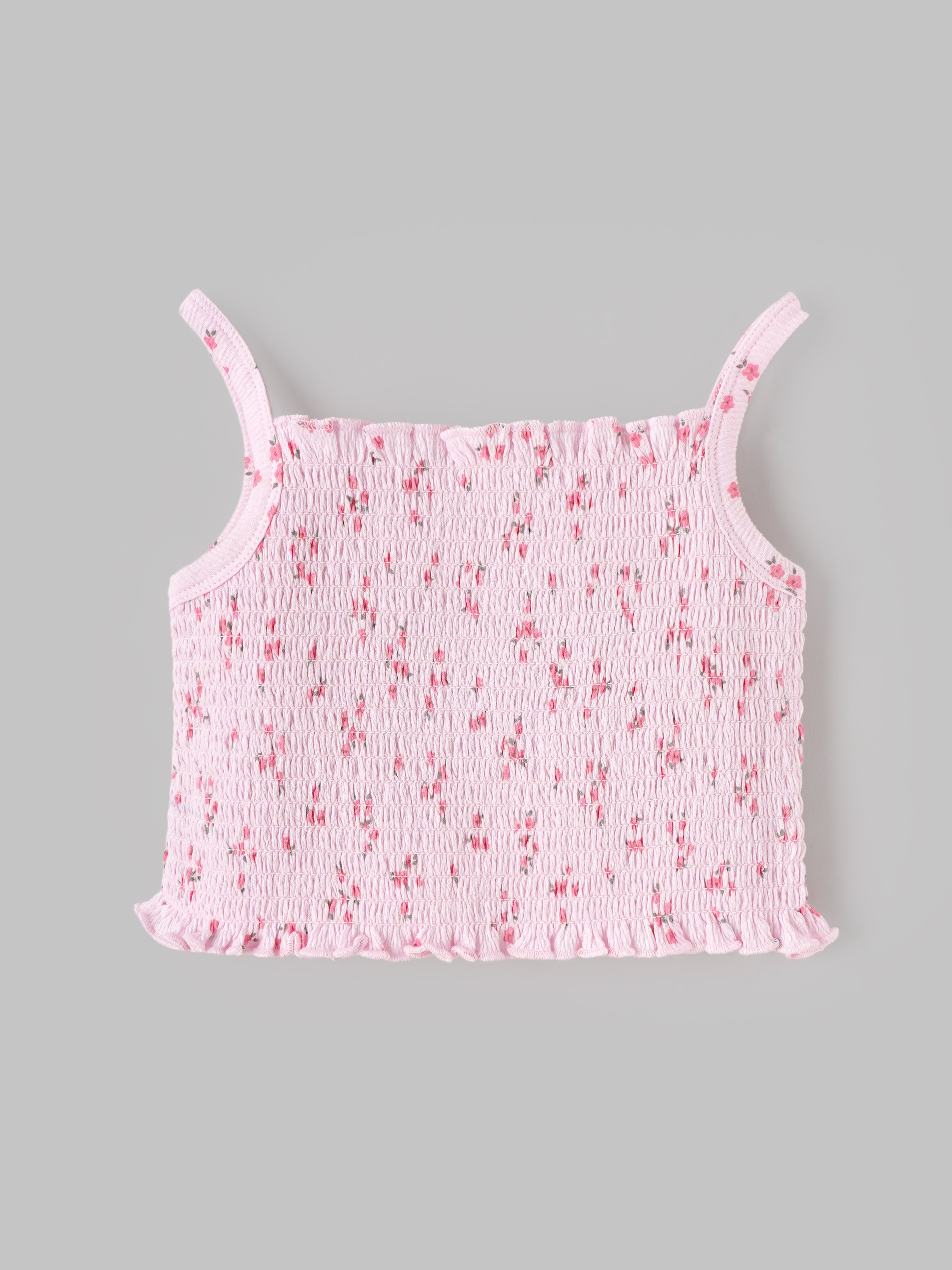 Popees Baby Girls Cute & Stylish Smocked Floral Top | Sleeveless Spaghetti Strap Top with Ruffle Hem & All-Over Floral Print | Pink | Comfortable Casual Wear | 9 Months–4 Years