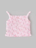 Popees Baby Girls Cute & Stylish Smocked Floral Top | Sleeveless Spaghetti Strap Top with Ruffle Hem & All-Over Floral Print | Pink | Comfortable Casual Wear | 9 Months–4 Years