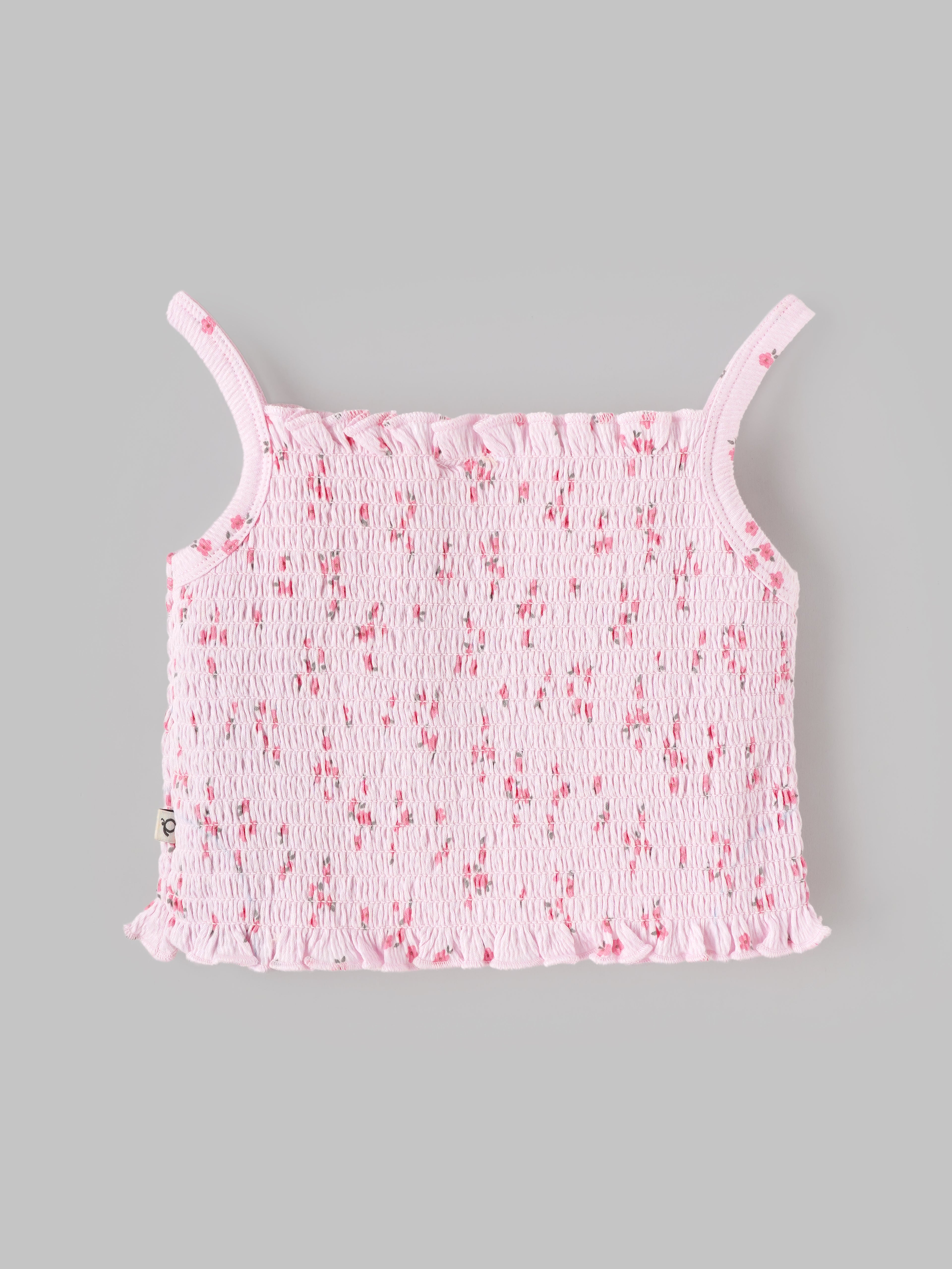 Popees Baby Girls Cute & Stylish Smocked Floral Top | Sleeveless Spaghetti Strap Top with Ruffle Hem & All-Over Floral Print | Pink | Comfortable Casual Wear | 9 Months–4 Years