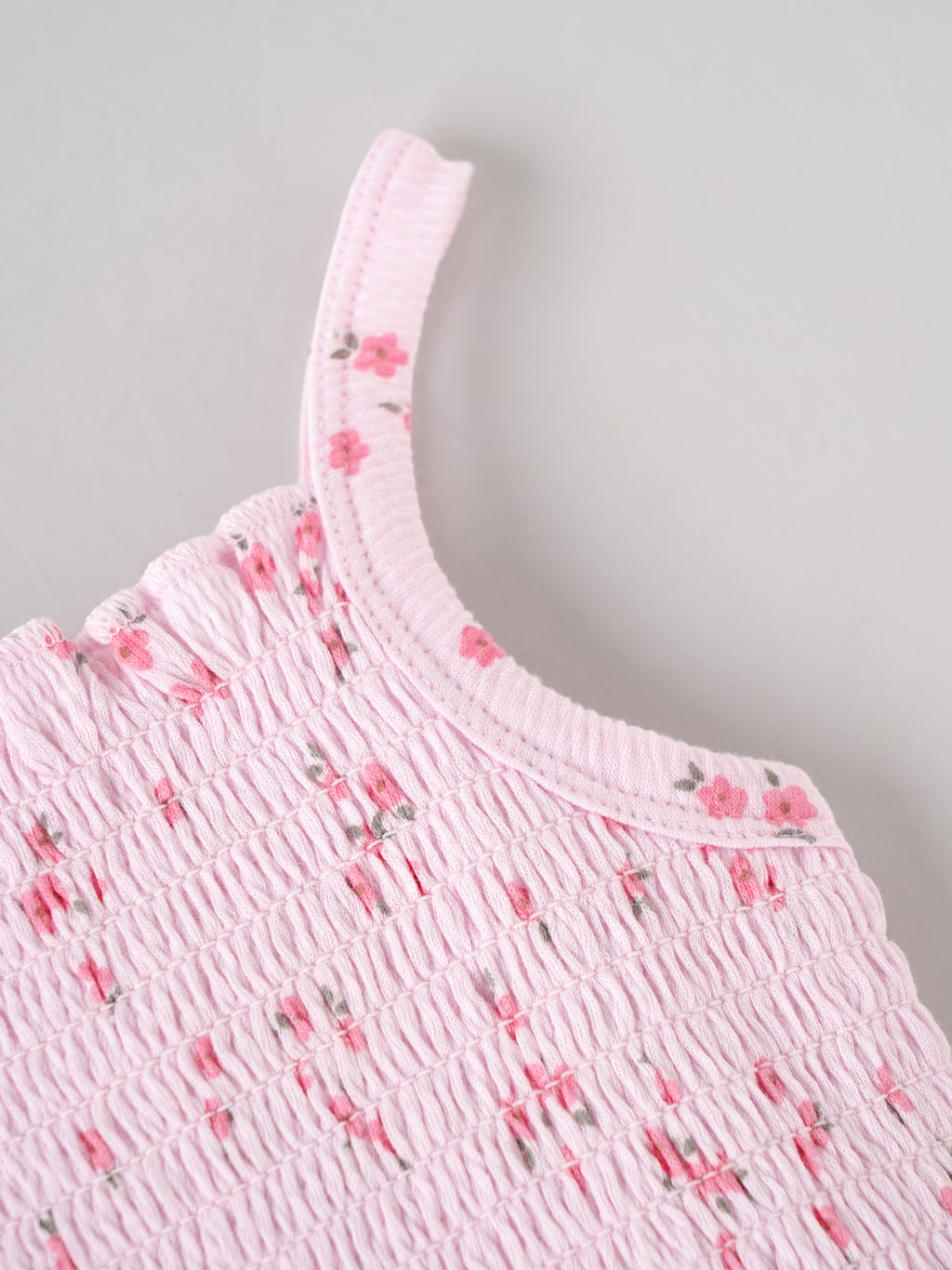 Popees Baby Girls Cute & Stylish Smocked Floral Top | Sleeveless Spaghetti Strap Top with Ruffle Hem & All-Over Floral Print | Pink | Comfortable Casual Wear | 9 Months–4 Years