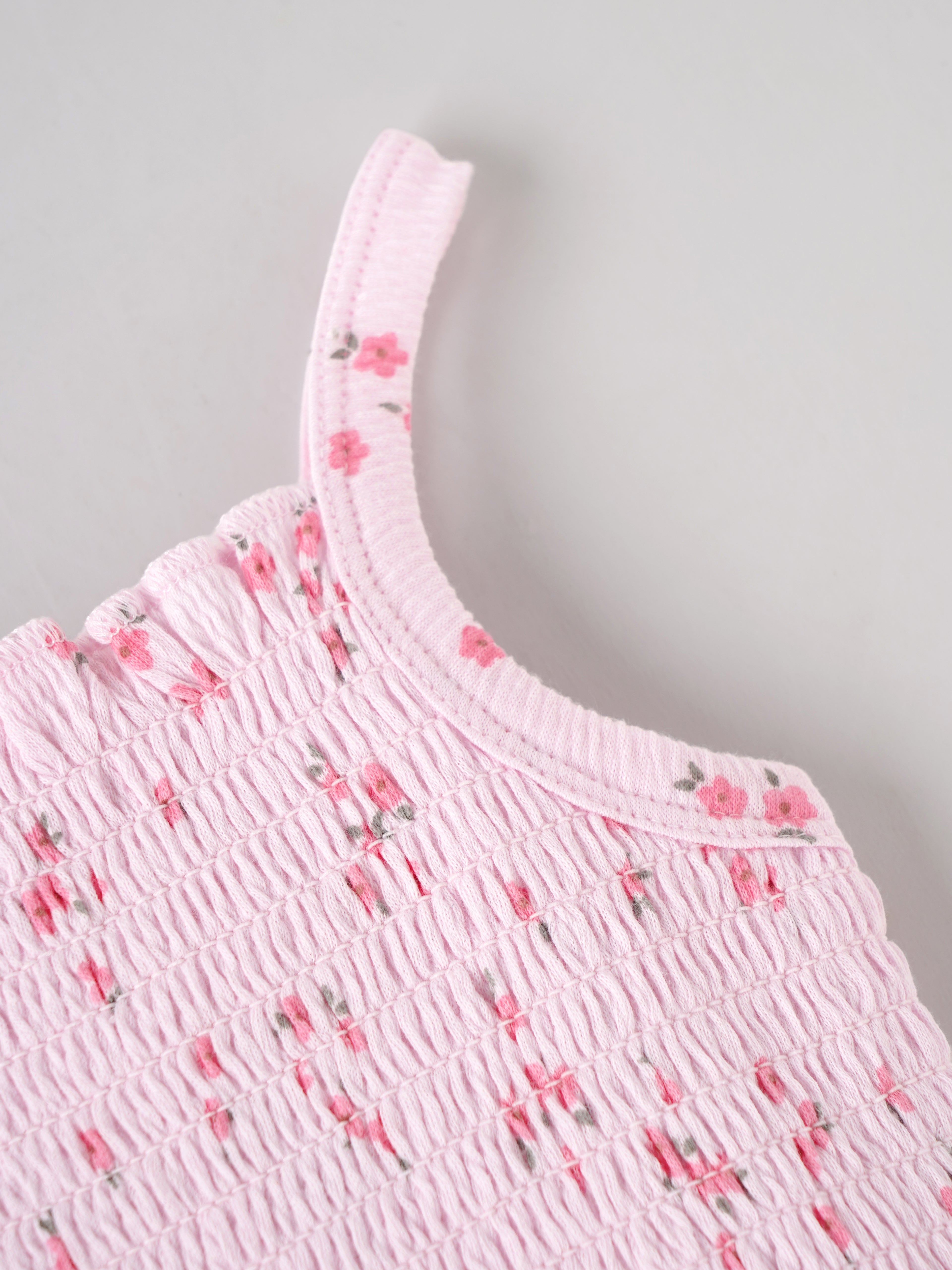 Popees Baby Girls Cute & Stylish Smocked Floral Top | Sleeveless Spaghetti Strap Top with Ruffle Hem & All-Over Floral Print | Pink | Comfortable Casual Wear | 9 Months–4 Years