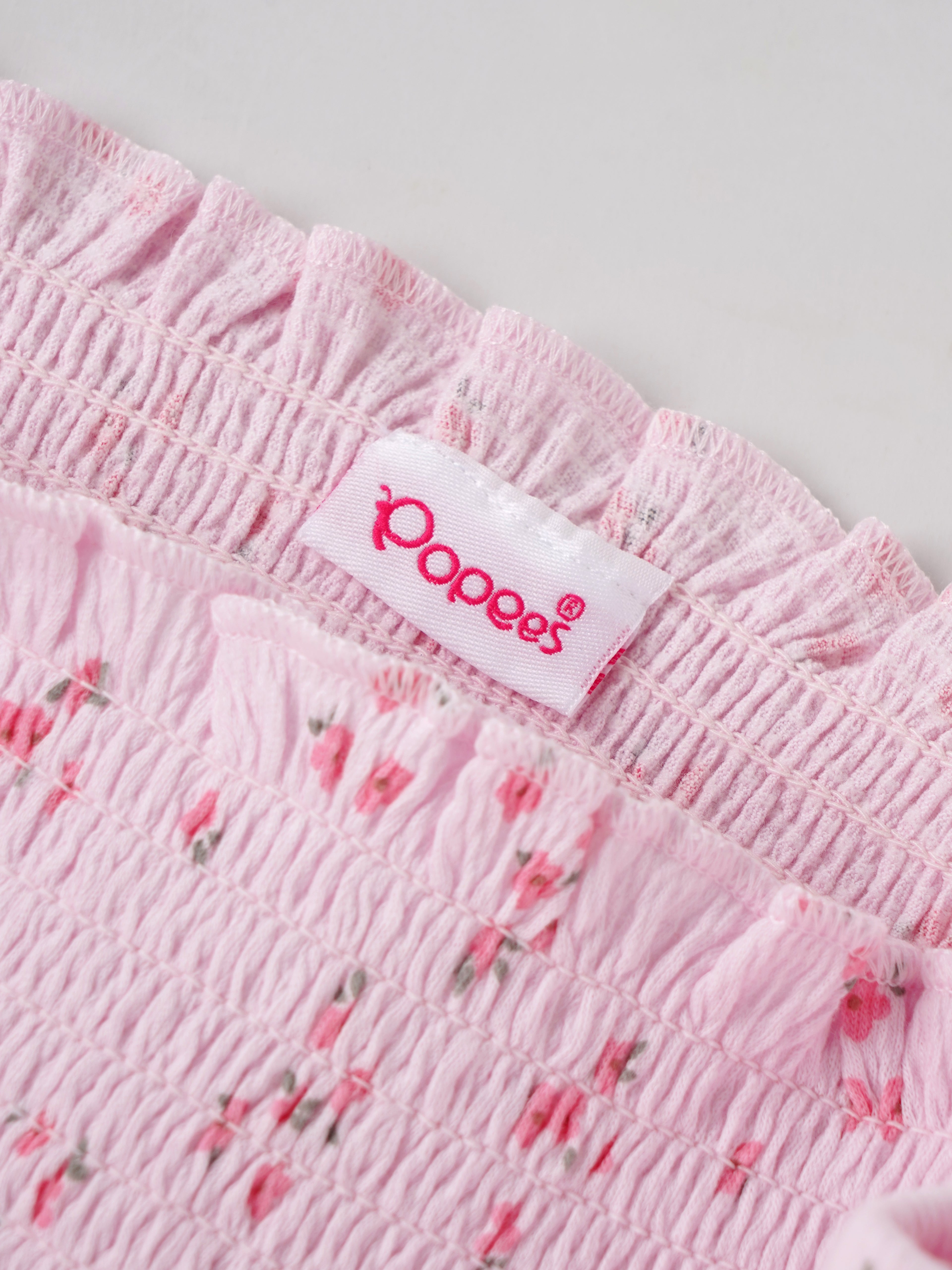 Popees Baby Girls Cute & Stylish Smocked Floral Top | Sleeveless Spaghetti Strap Top with Ruffle Hem & All-Over Floral Print | Pink | Comfortable Casual Wear | 9 Months–4 Years