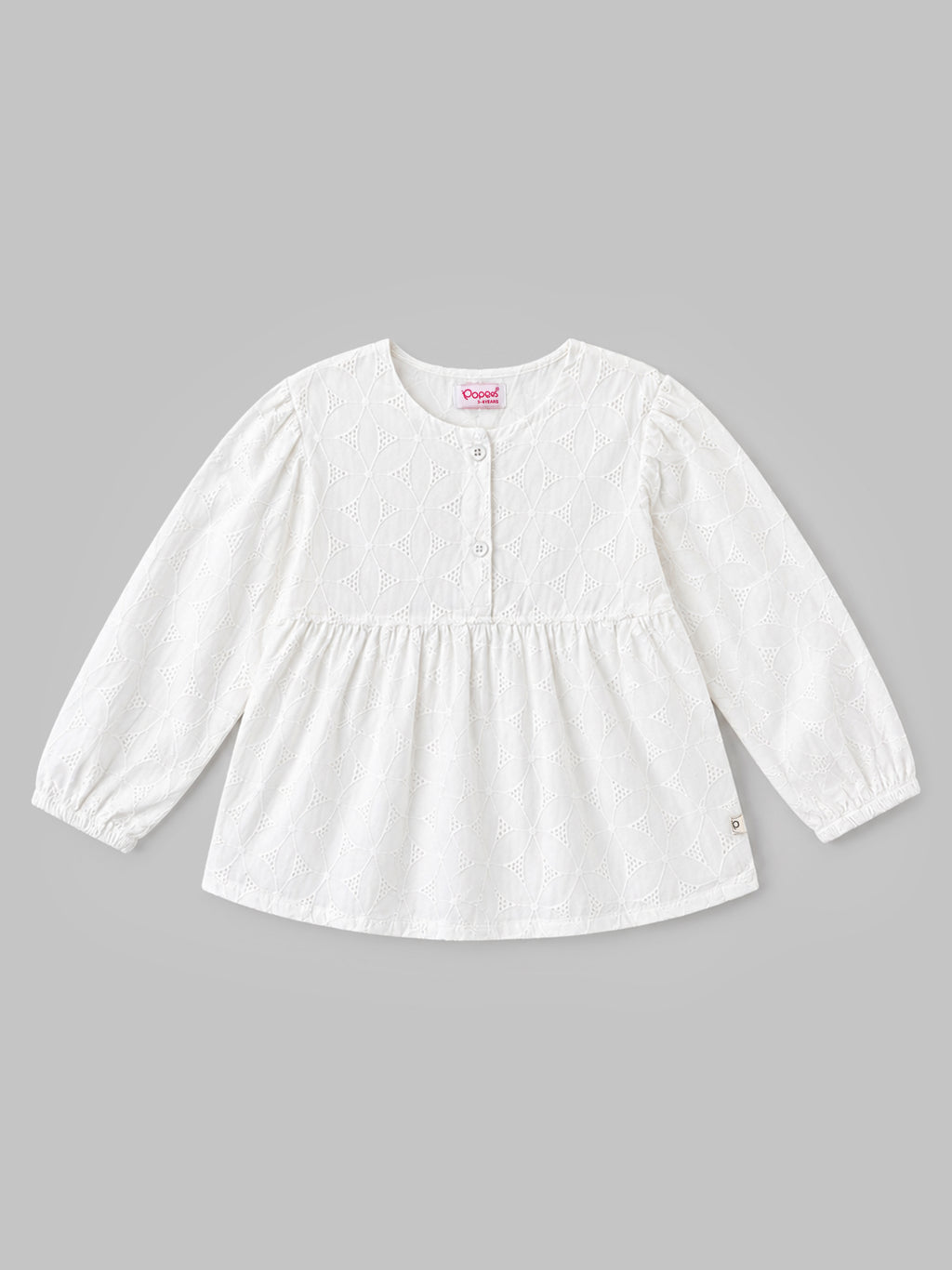 Popees Baby Girls Premium Cotton Embroidered Peplum Top | Full Sleeve Round Neck White Casual & Party Wear Top for Infants and Toddlers