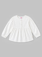 Popees Baby Girls Premium Cotton Embroidered Peplum Top | Full Sleeve Round Neck White Casual & Party Wear Top for Infants and Toddlers