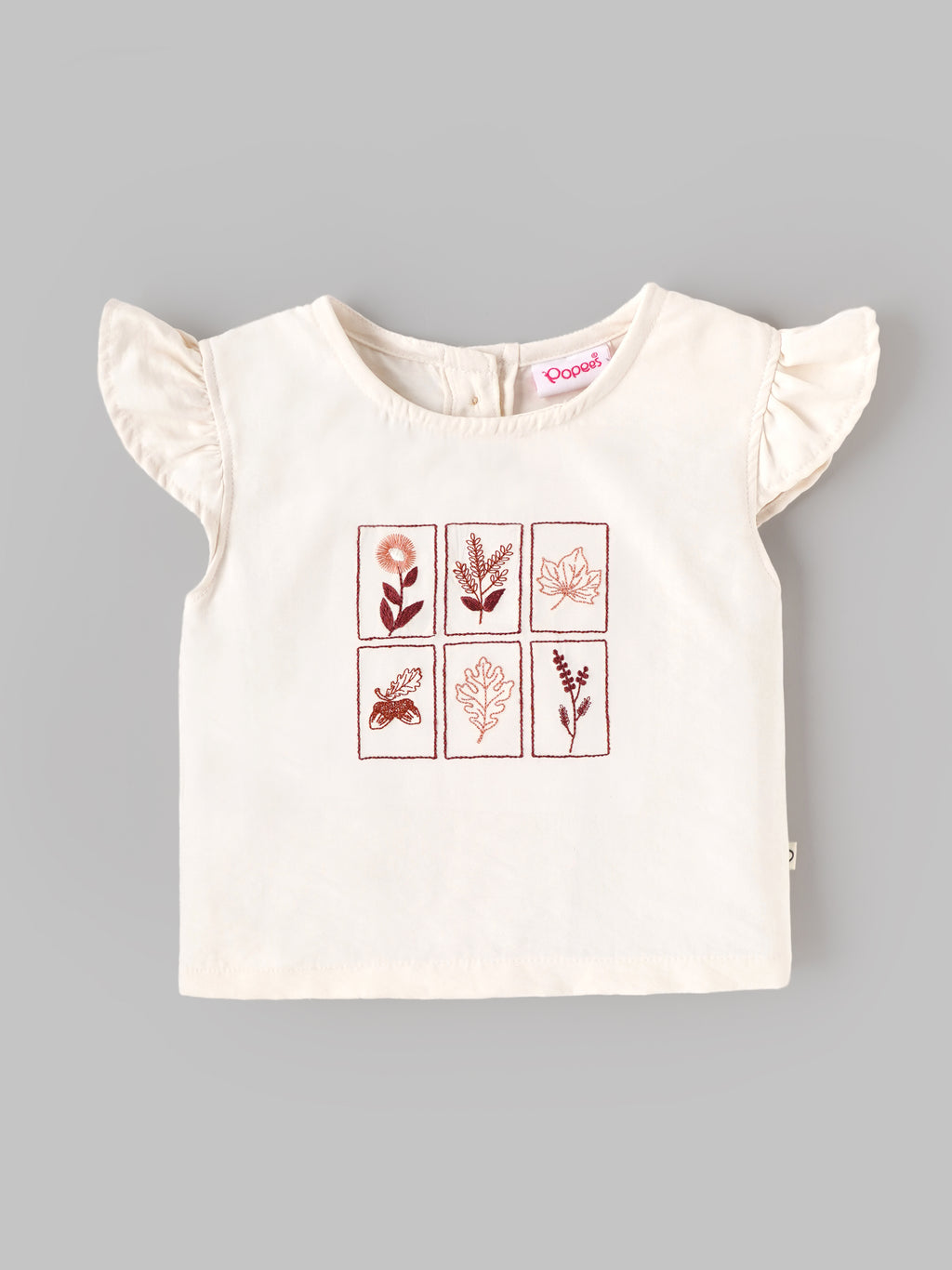 Popees Baby Girls Cotton Flutter Sleeve Embroidered Top | Soft Floral Embroidery Casual Top | Cream | 3 Month-4 Years
