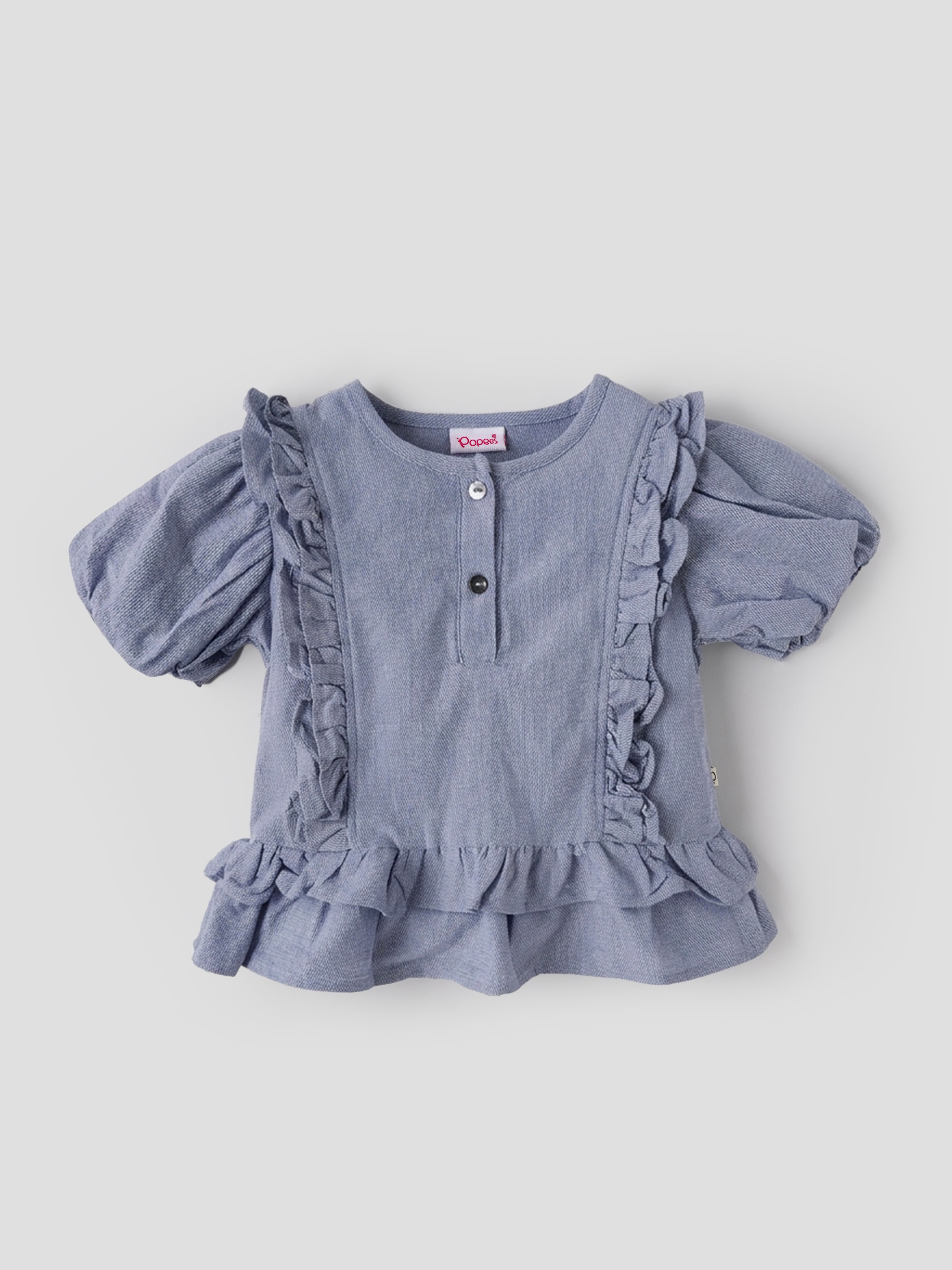 Popees Baby Girls Stylish Ruffle Dress | Cute Puff Sleeve Dress with Frill Detailing & Front Button Closure | 9 Months–4 Years