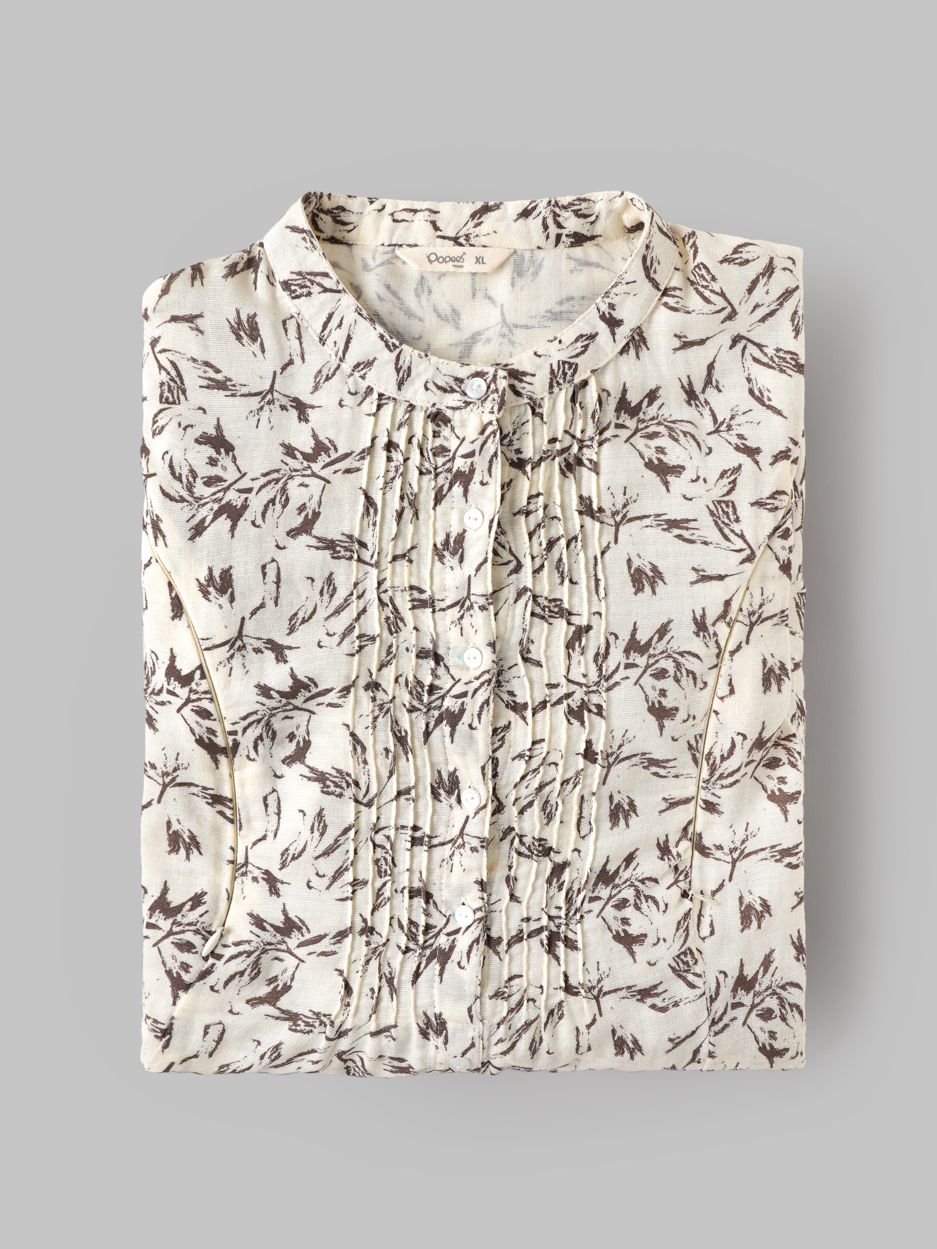 Popees Women's Floral Print Cotton Slub Night Dress | 100% Cotton | Front Button | Round Neck | Full Sleeves | Sizes S-XL | Cream & Brown