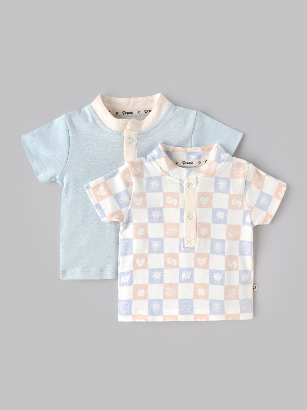 Popees Baby Boys Stylish Printed T-Shirt Set | Pack of 2 Short Sleeve Tops with Button Placket | Soft & Comfortable Casual Wear | 0-9 Months