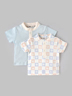 Popees Baby Boys Stylish Printed T-Shirt Set | Pack of 2 Short Sleeve Tops with Button Placket | Soft & Comfortable Casual Wear | 0-9 Months