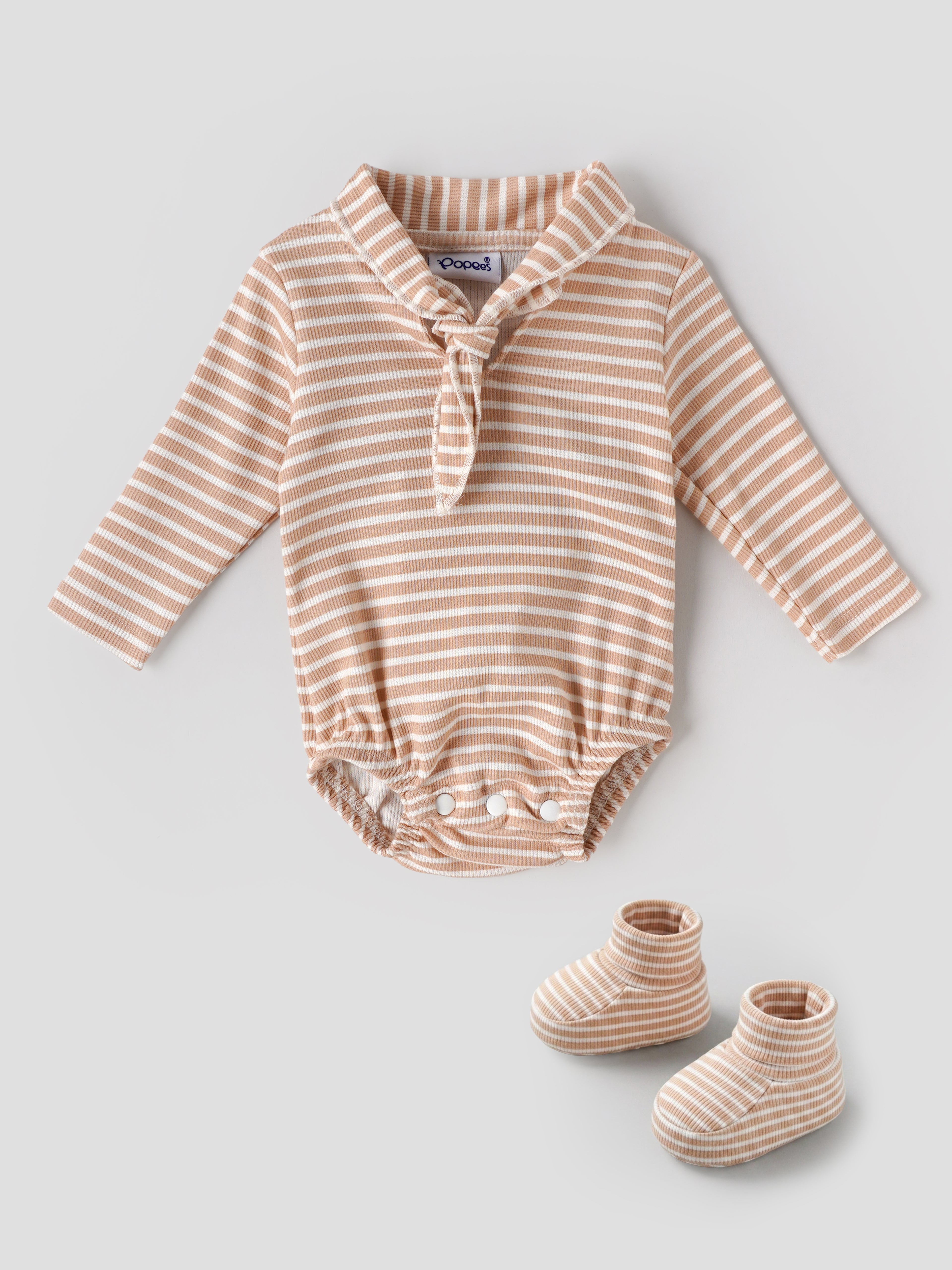 Popees Baby Boys Striped Ribbed Bodysuit with Booties Set | Soft Cotton Full Sleeve Romper| Beige & White | 0- 9 Months